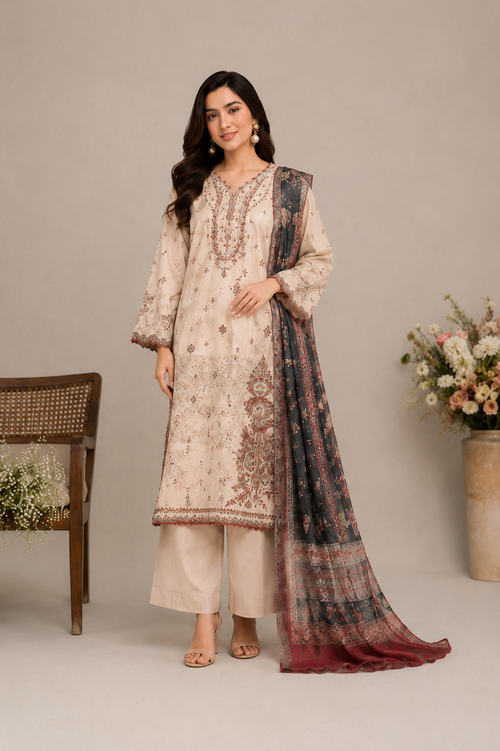 A woman models a traditional South Asian three-piece salwar kameez suit set. The set features a light beige printed tunic (kameez) with intricate embroidery, matching beige trousers, and a dark navy dupatta with red and gold border patterns.