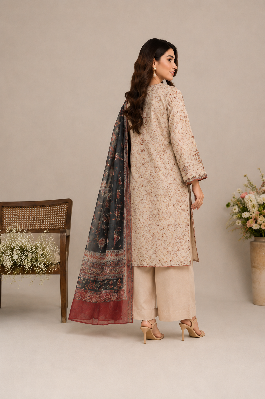 A woman modeling a traditional beige printed kurta with matching beige trousers and a dark patterned dupatta, shown from the back against a neutral studio backdrop.