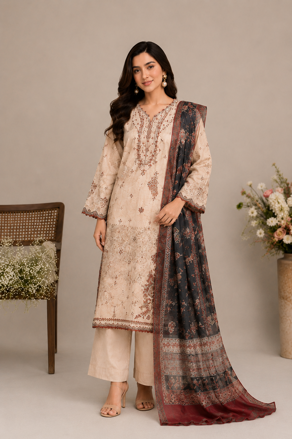 A woman models a traditional three-piece salwar kameez suit in a studio setting. The set features a beige embroidered kurta, matching beige trousers, and a dark navy dupatta with intricate red and gold border patterns.