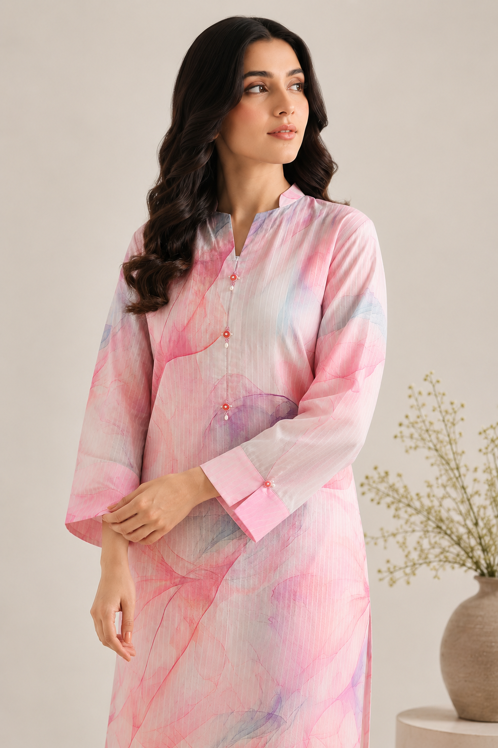 A woman modeling a light pink and lavender watercolor-print kurta with a mandarin collar and buttoned front, posed against a neutral beige background with a small vase of dried flowers.