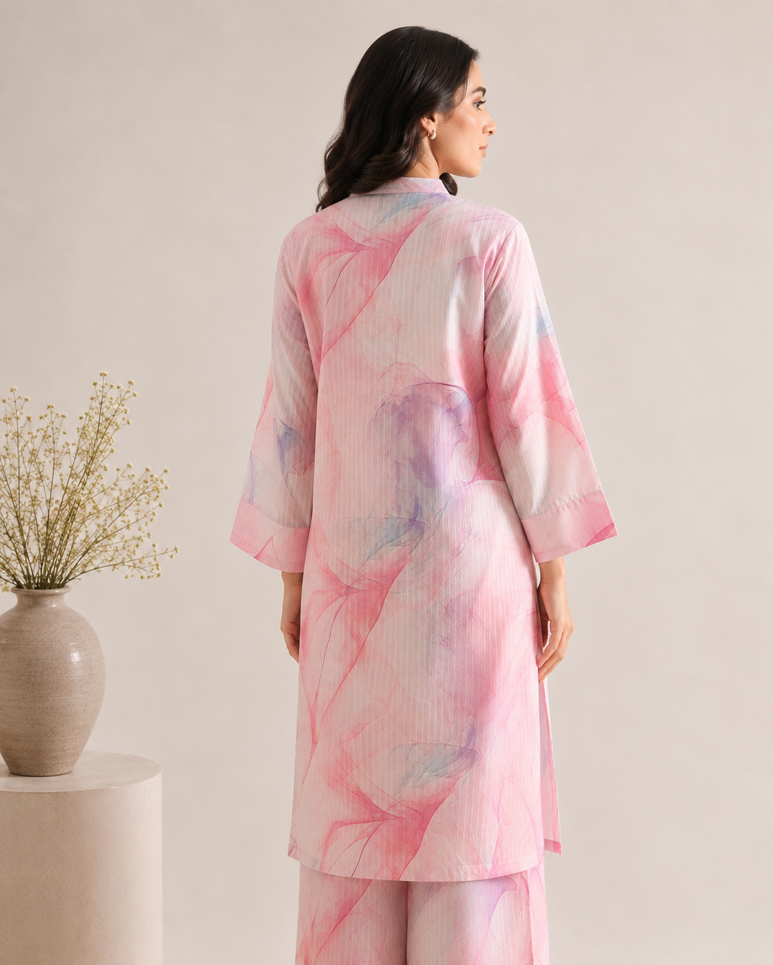A woman shown from the back wearing a light pink and lavender watercolor-patterned kurta and matching trousers, standing in front of a neutral beige background with a decorative vase on a pedestal.