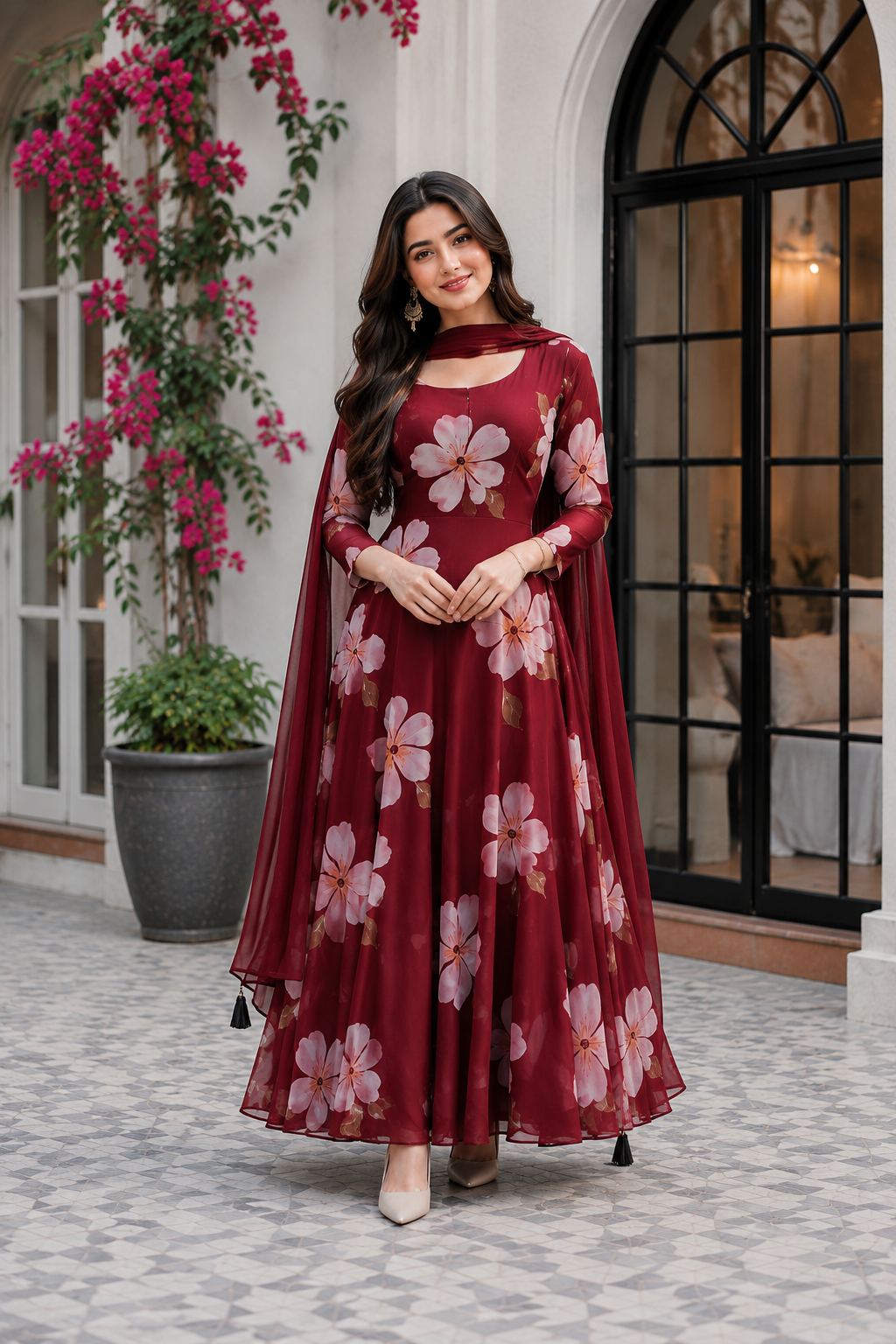 A woman models a long-sleeved maroon red anarkali gown with a pink floral print and a matching sheer cape overlay, set against an outdoor patio backdrop with a black arched window and pink flowers.