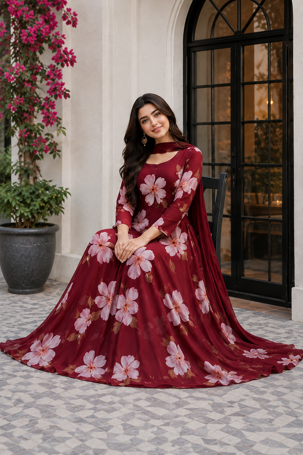 A woman modeling a long-sleeved, floor-length floral dress in a rich burgundy and pink pattern, standing in a classic indoor room with a fireplace and ornate rug.