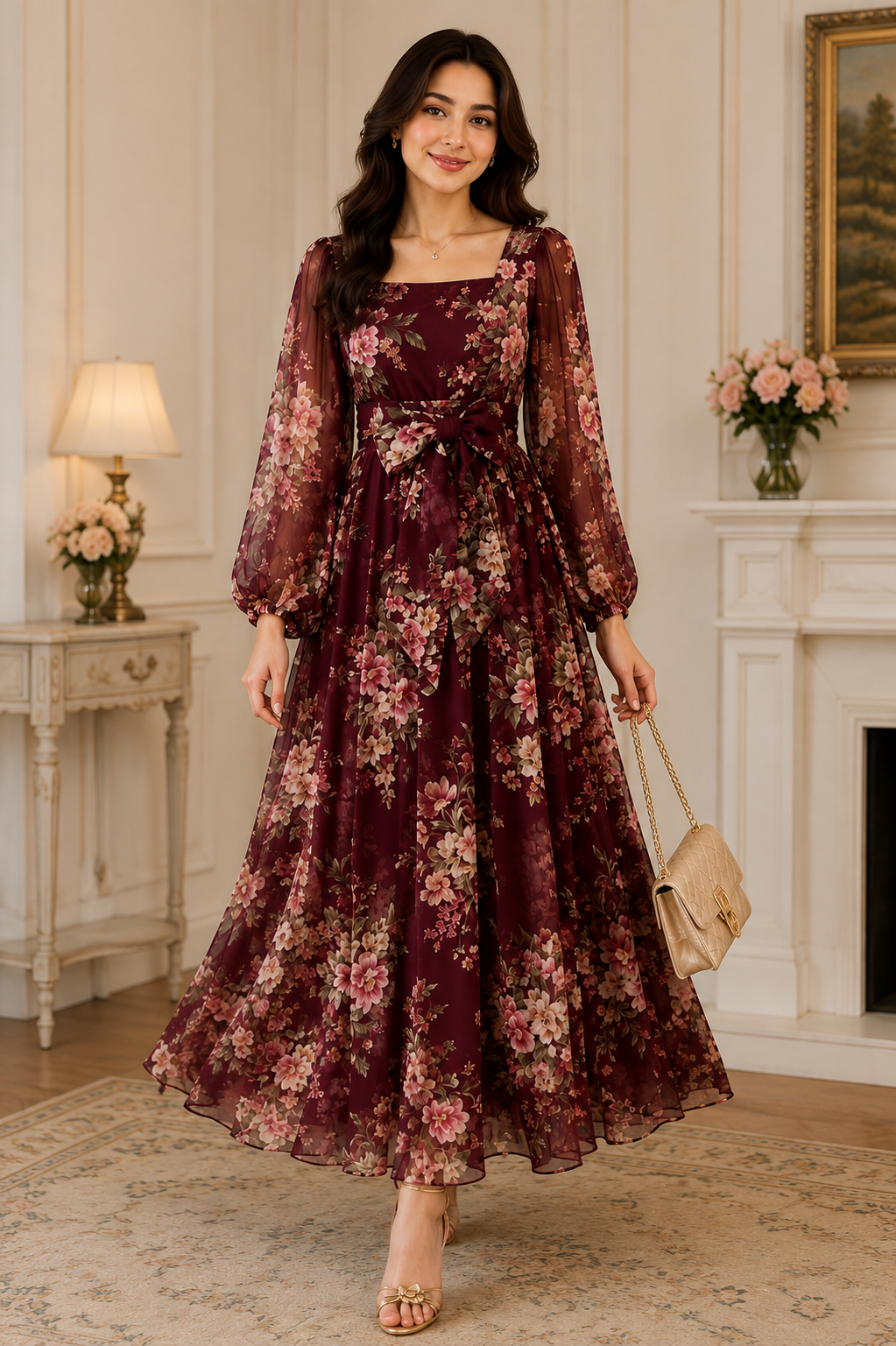A woman models a long-sleeved, floor-length floral dress in a rich burgundy and pink floral print. The dress features a square neckline, a self-tie waist, and a flowing skirt.