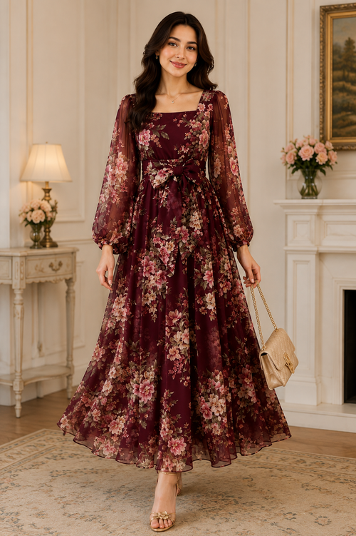 A woman models a long-sleeved, floor-length floral dress in a rich burgundy and pink floral print. The dress features a square neckline, a self-tie waist, and a flowing skirt.