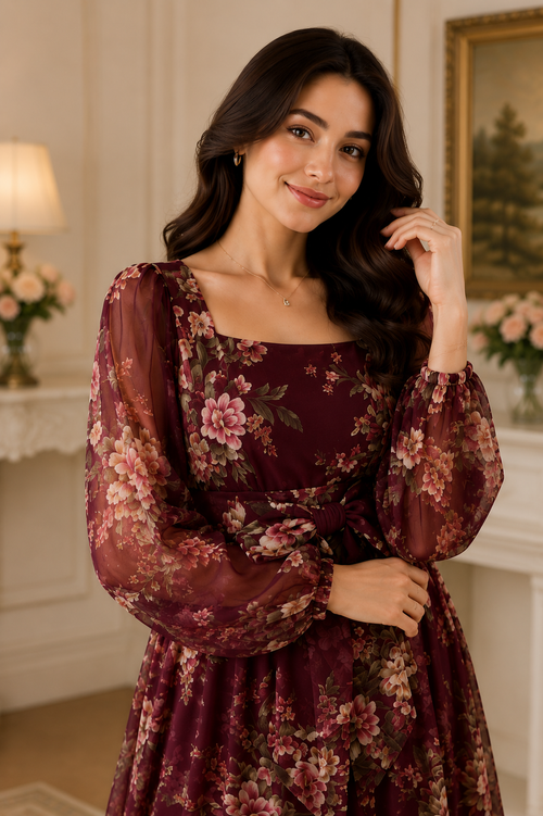 A woman wearing a long-sleeved burgundy floral dress with a square neckline and a matching waist tie, posed in an elegant indoor setting with a fireplace and lamp in the background.