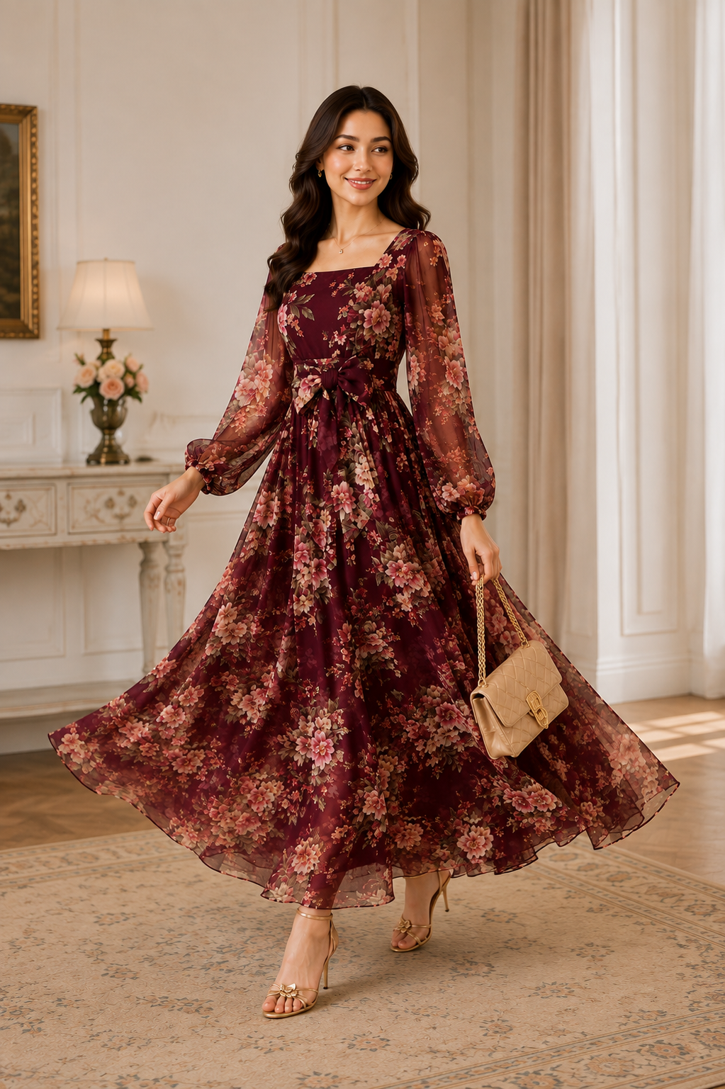 Burgundy Floral Chiffon Maxi