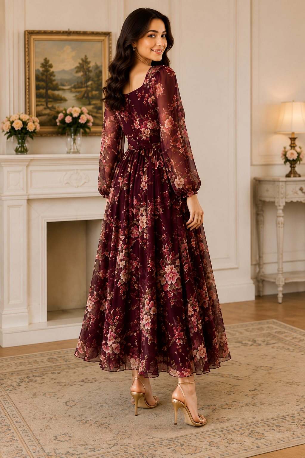 A woman modeling a long-sleeved, floor-length floral dress in a rich burgundy and pink pattern, standing in a classic indoor room with a fireplace and ornate rug.