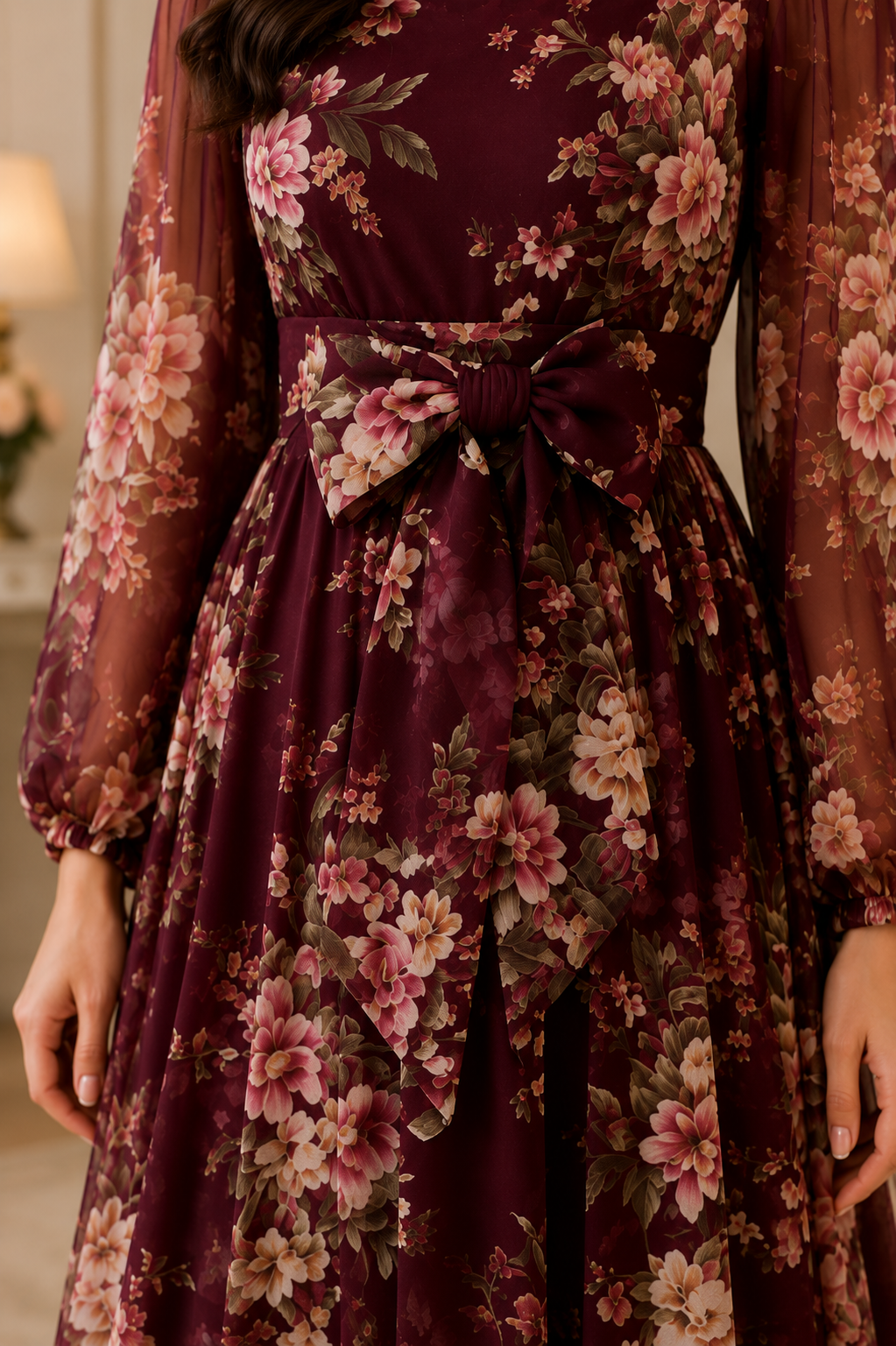 A close-up of a woman wearing a long-sleeve floral dress in deep burgundy with pink, peach, and green flowers, featuring a matching waist tie bow.