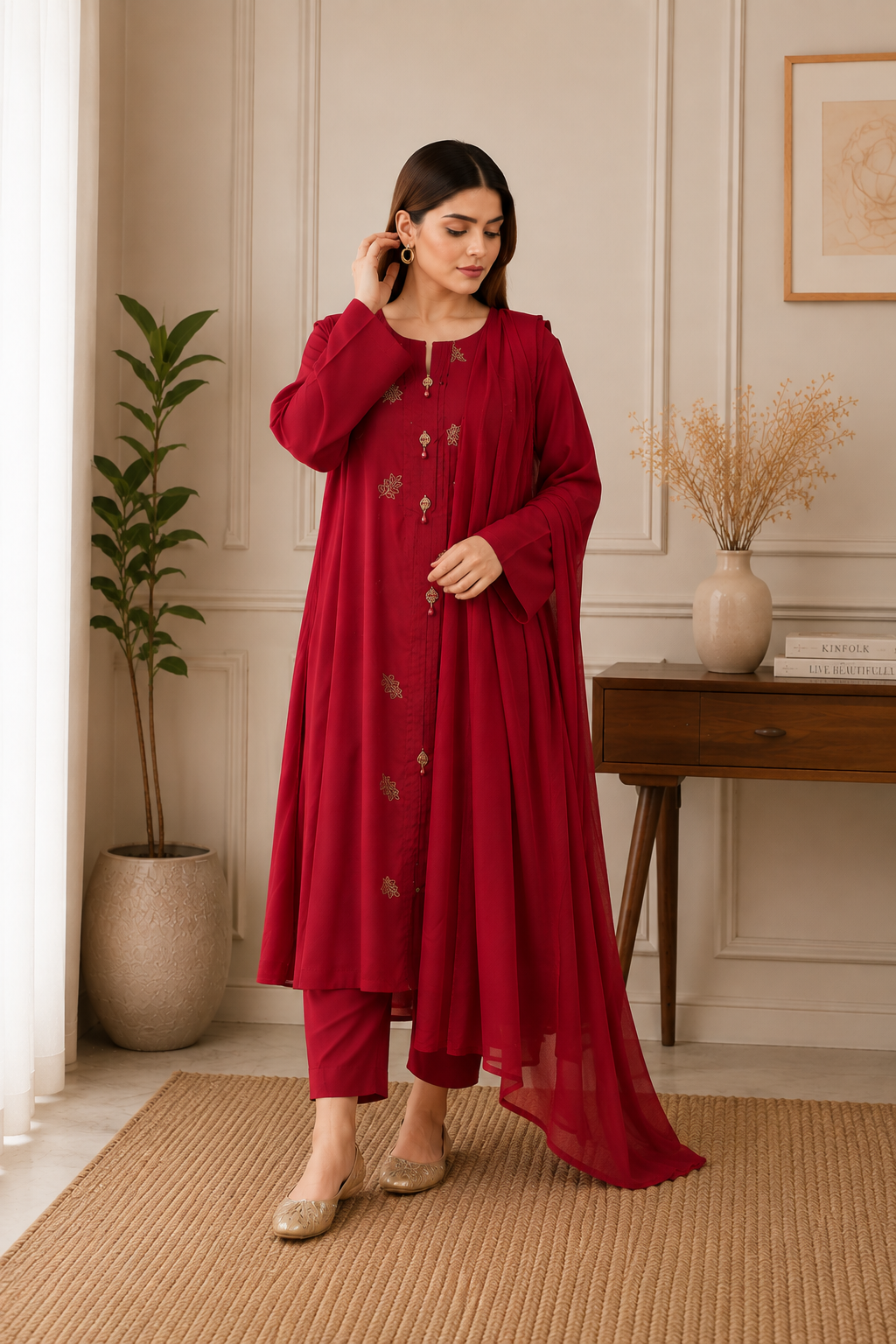 Crimson Red Scattered Embroidered 3PC Suit