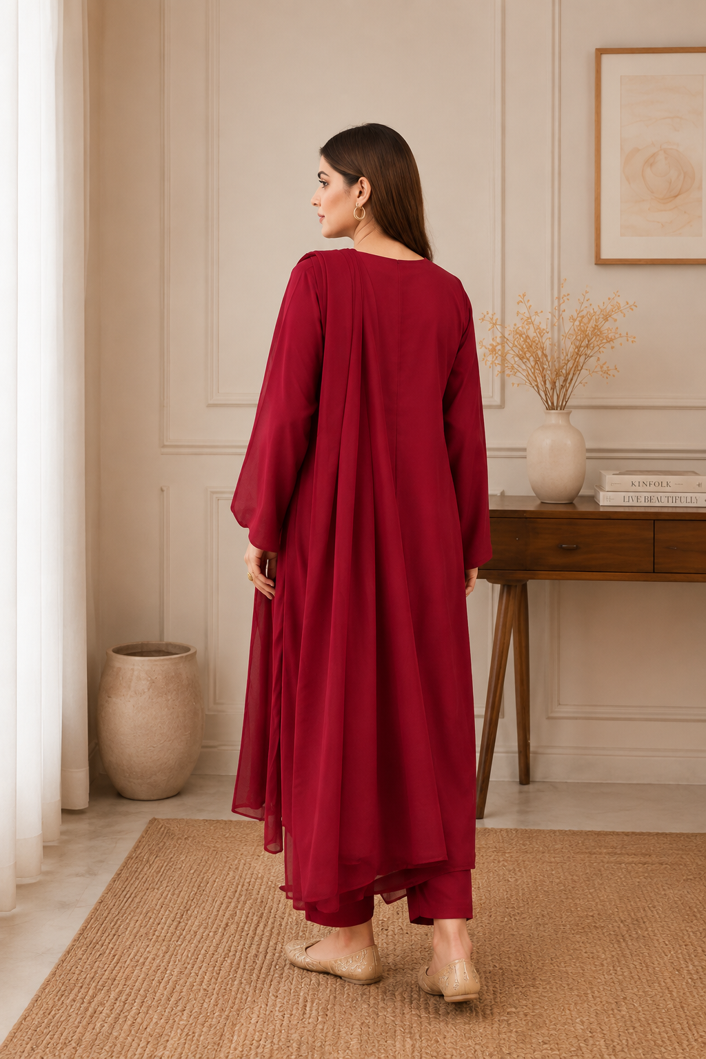 Crimson Red Scattered Embroidered 3PC Suit