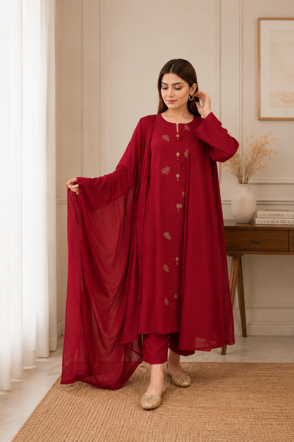 Crimson Red Scattered Embroidered 3PC Suit