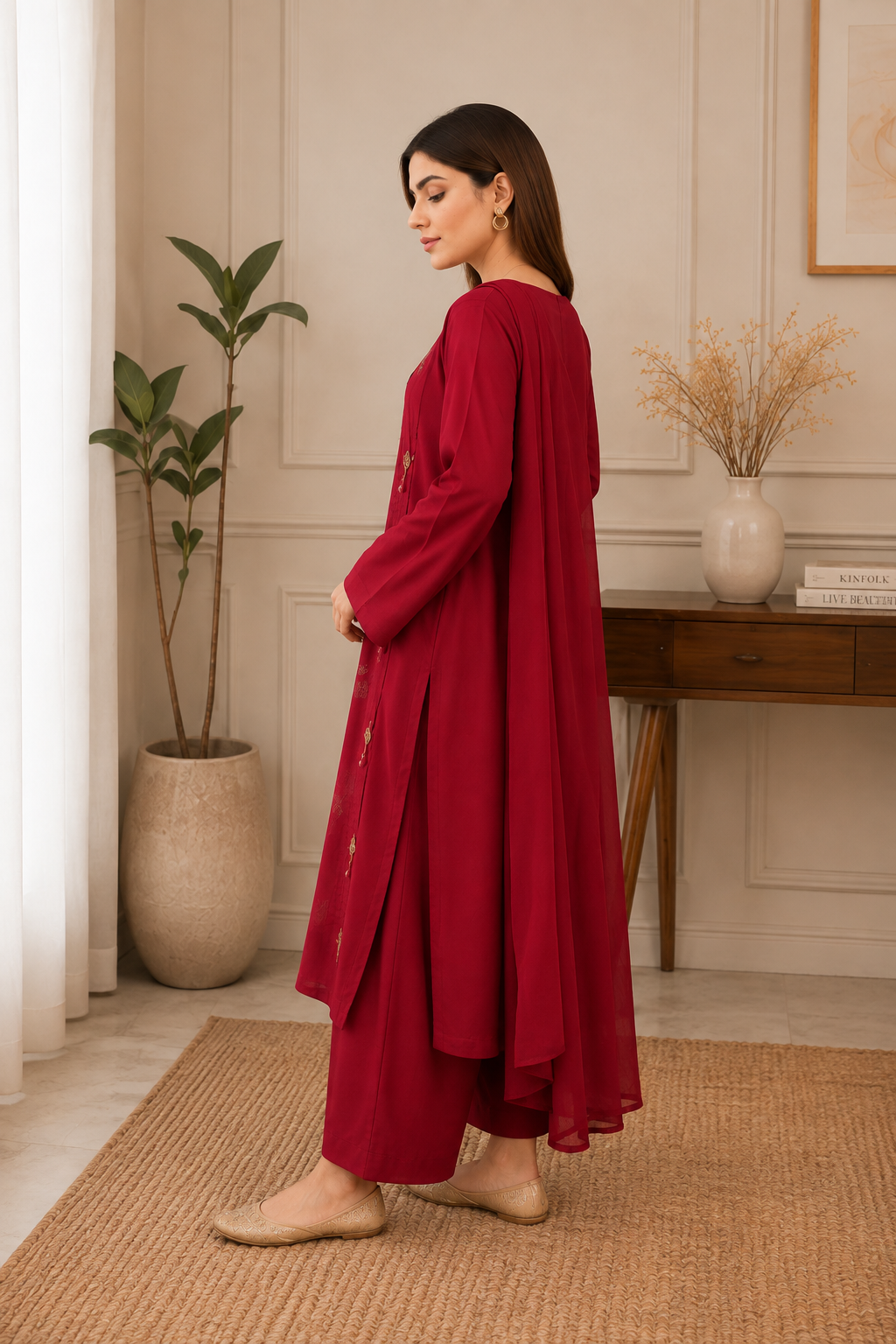 Crimson Red Scattered Embroidered 3PC Suit