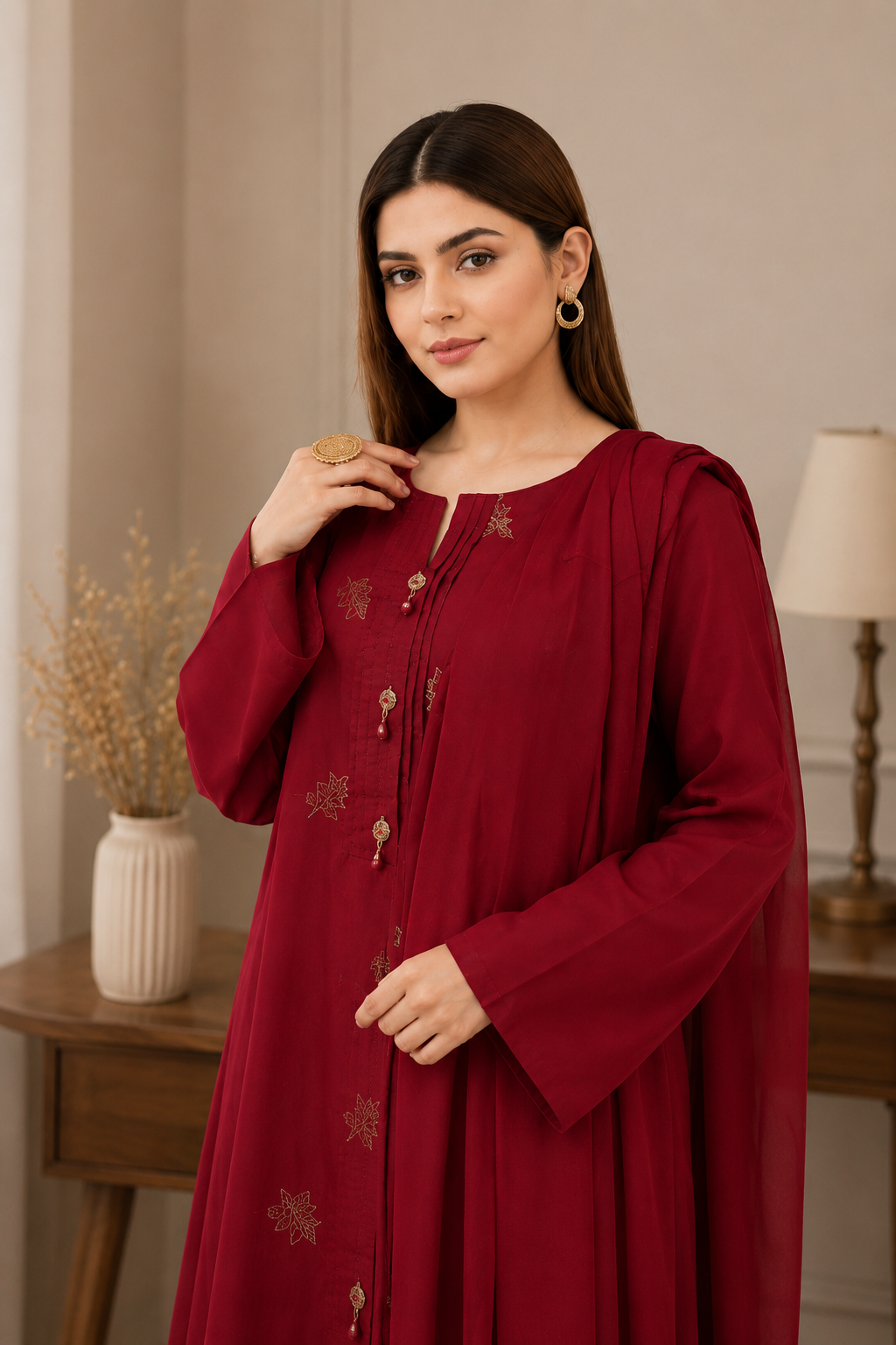 Crimson Red Scattered Embroidered 3PC Suit