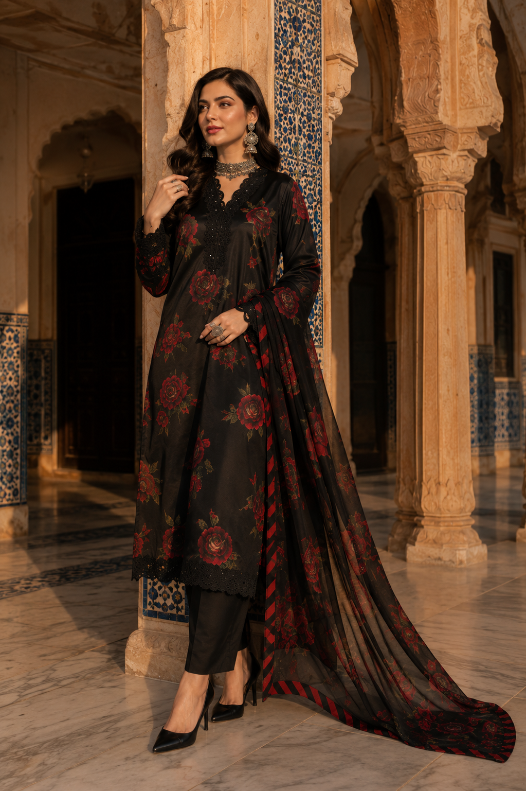 Black Rose Print 3PC Suit