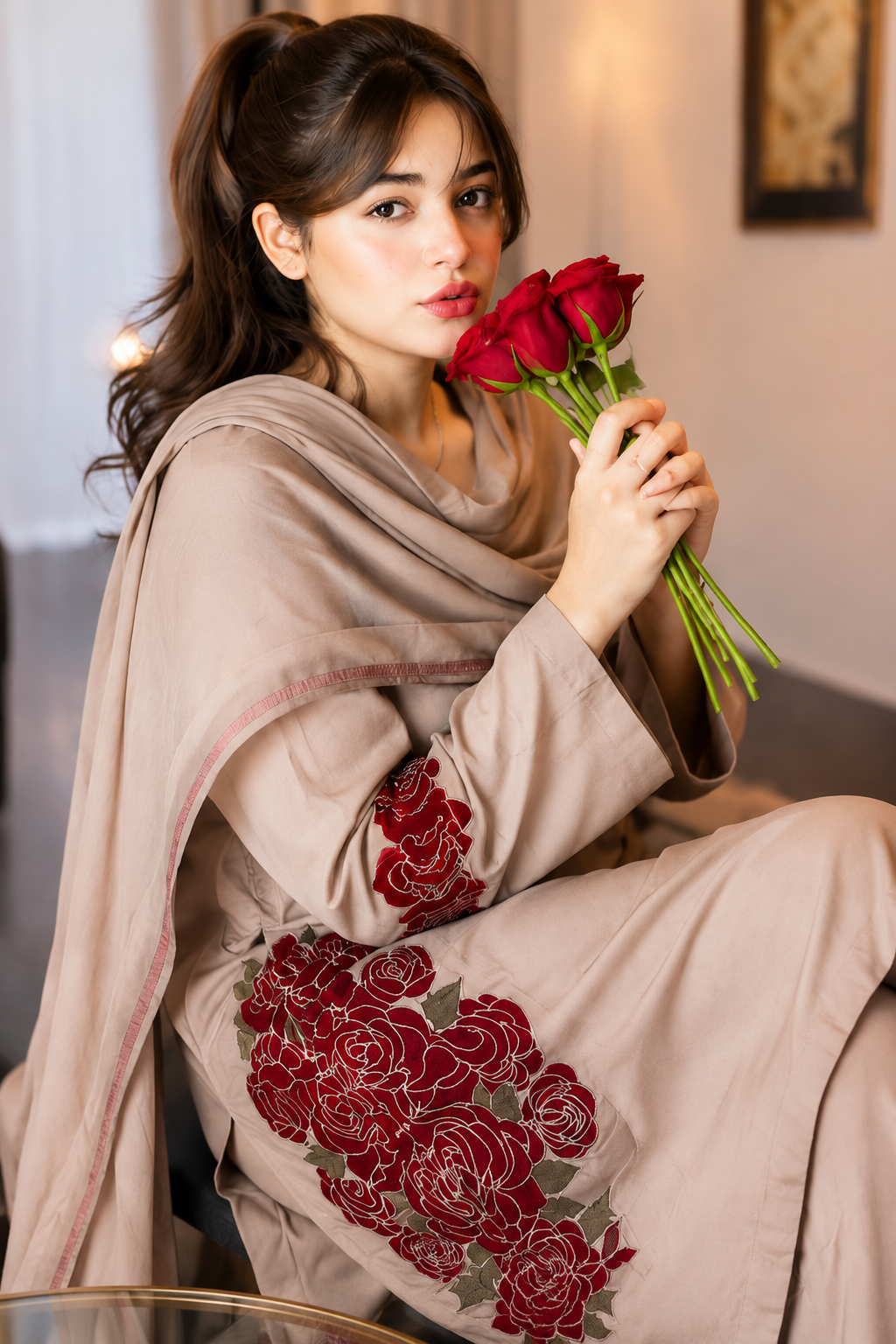 Beige Floral 3PC Suit
