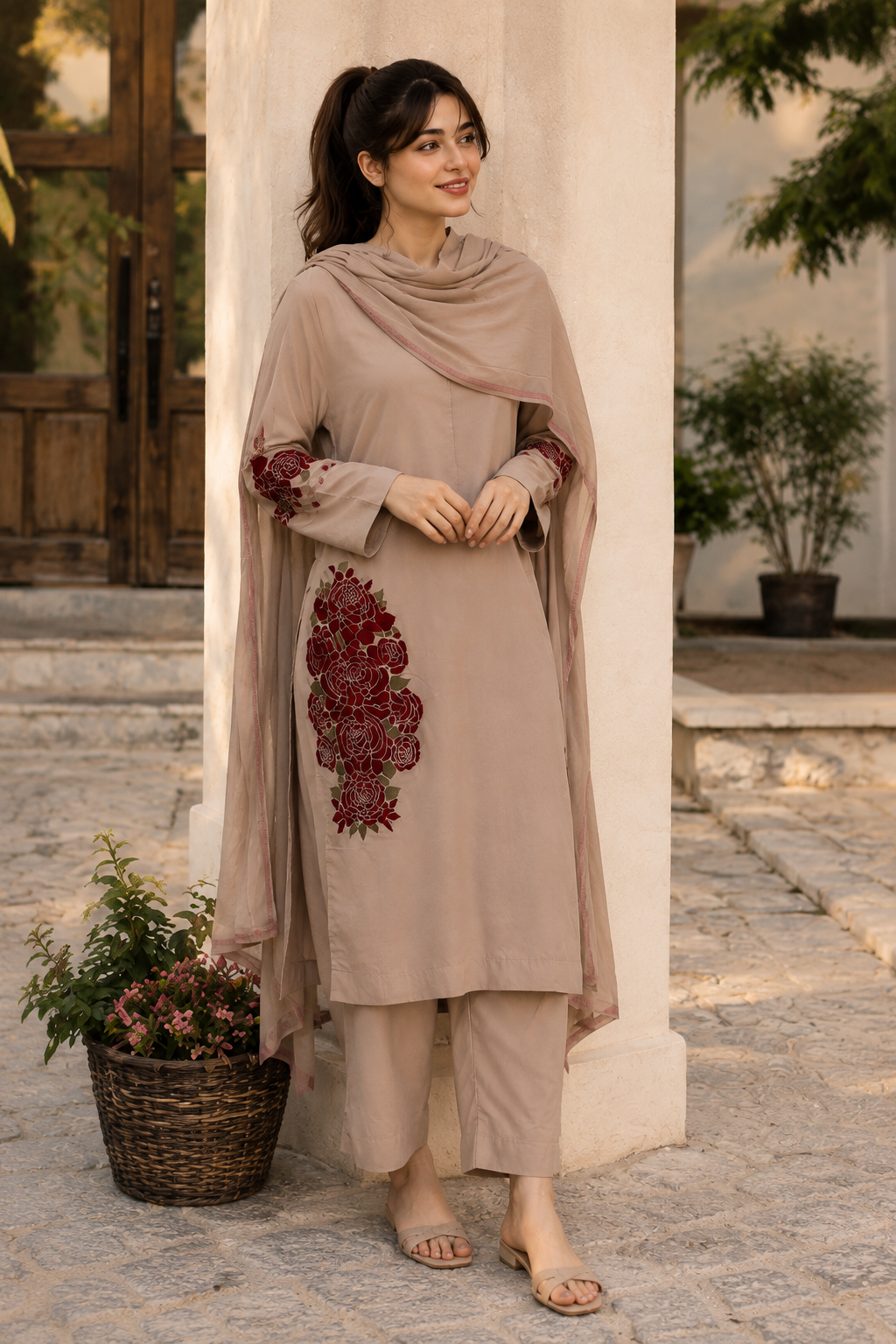 Beige Floral 3PC Suit