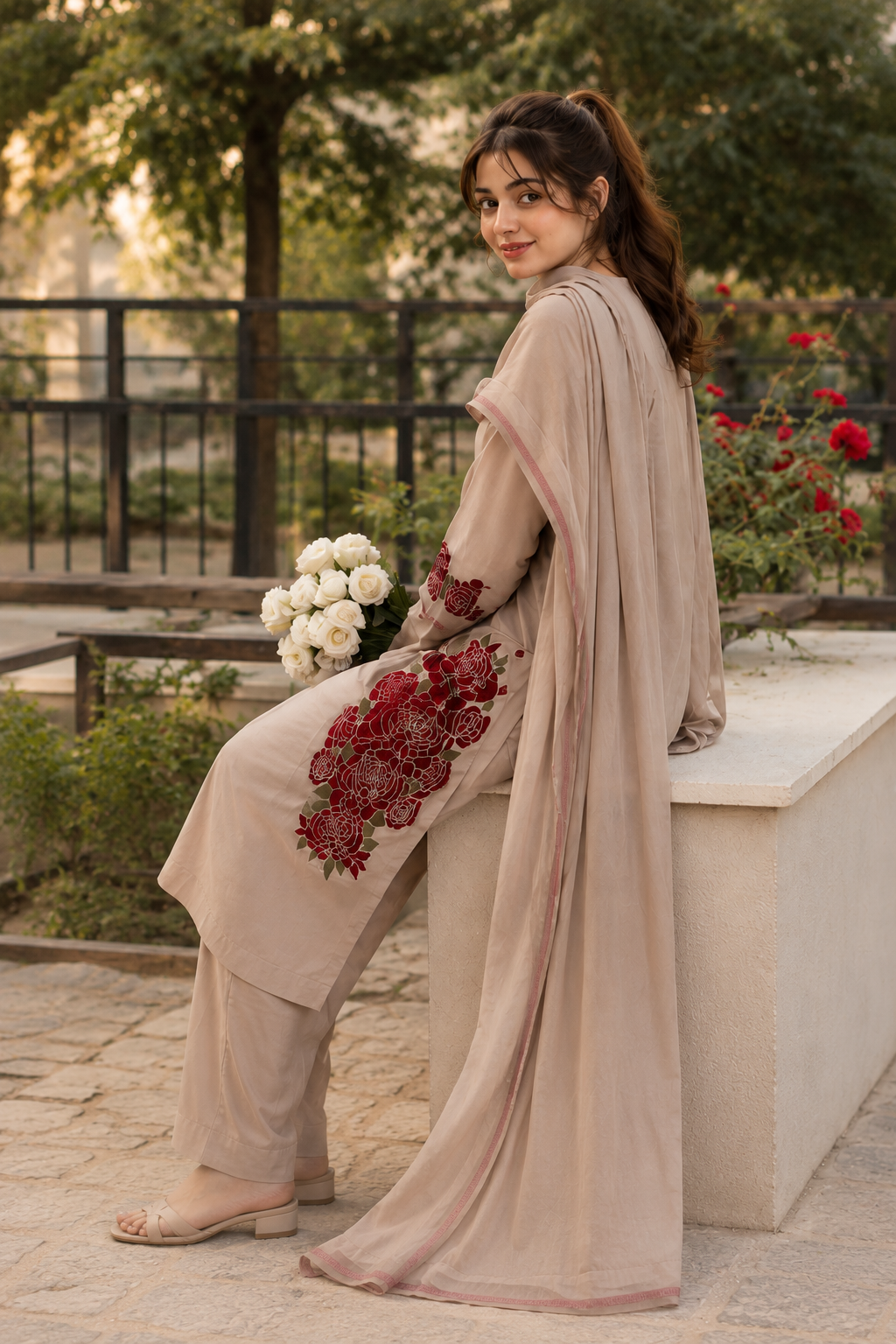 Beige Floral 3PC Suit