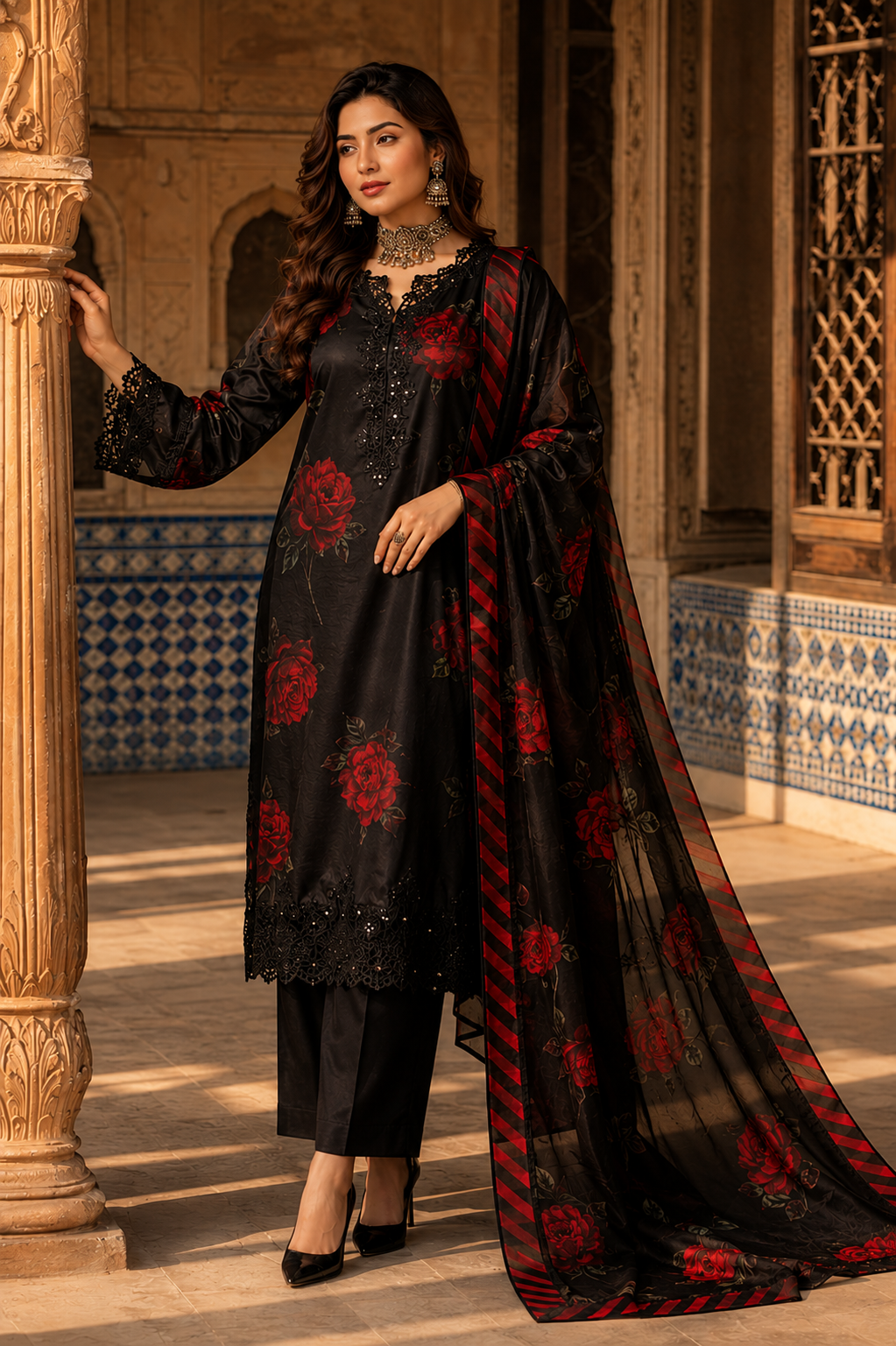 Black Rose Print 3PC Suit