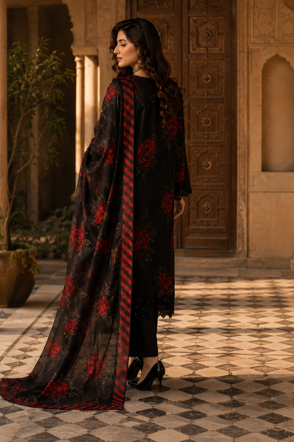 Black Rose Print 3PC Suit
