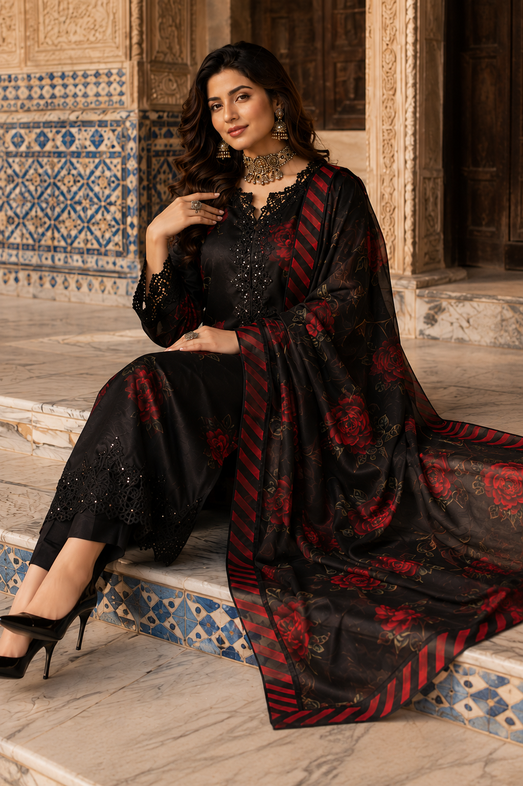 Black Rose Print 3PC Suit
