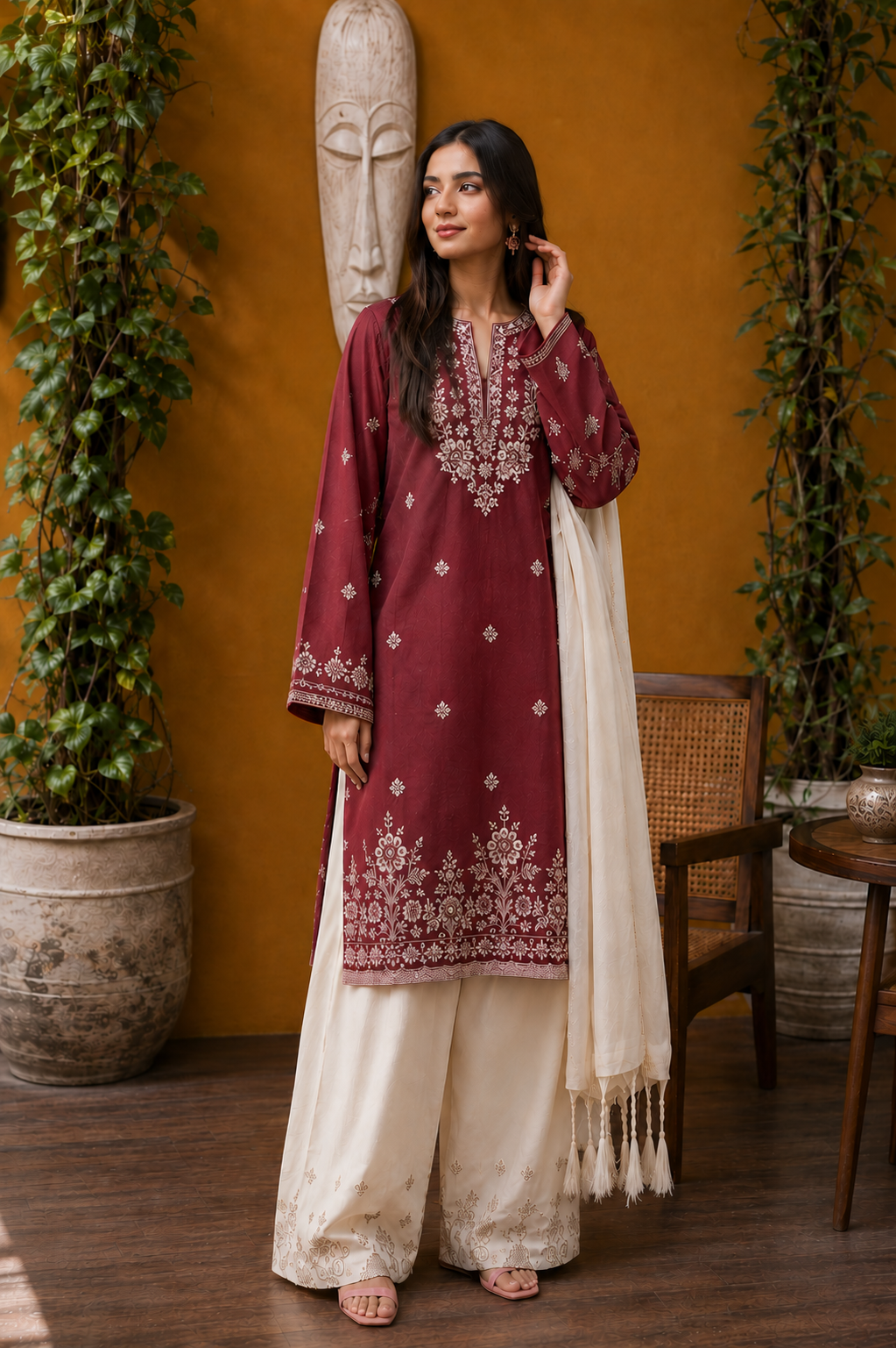 Maroon Floral Embroidered 3PC Lawn Suit