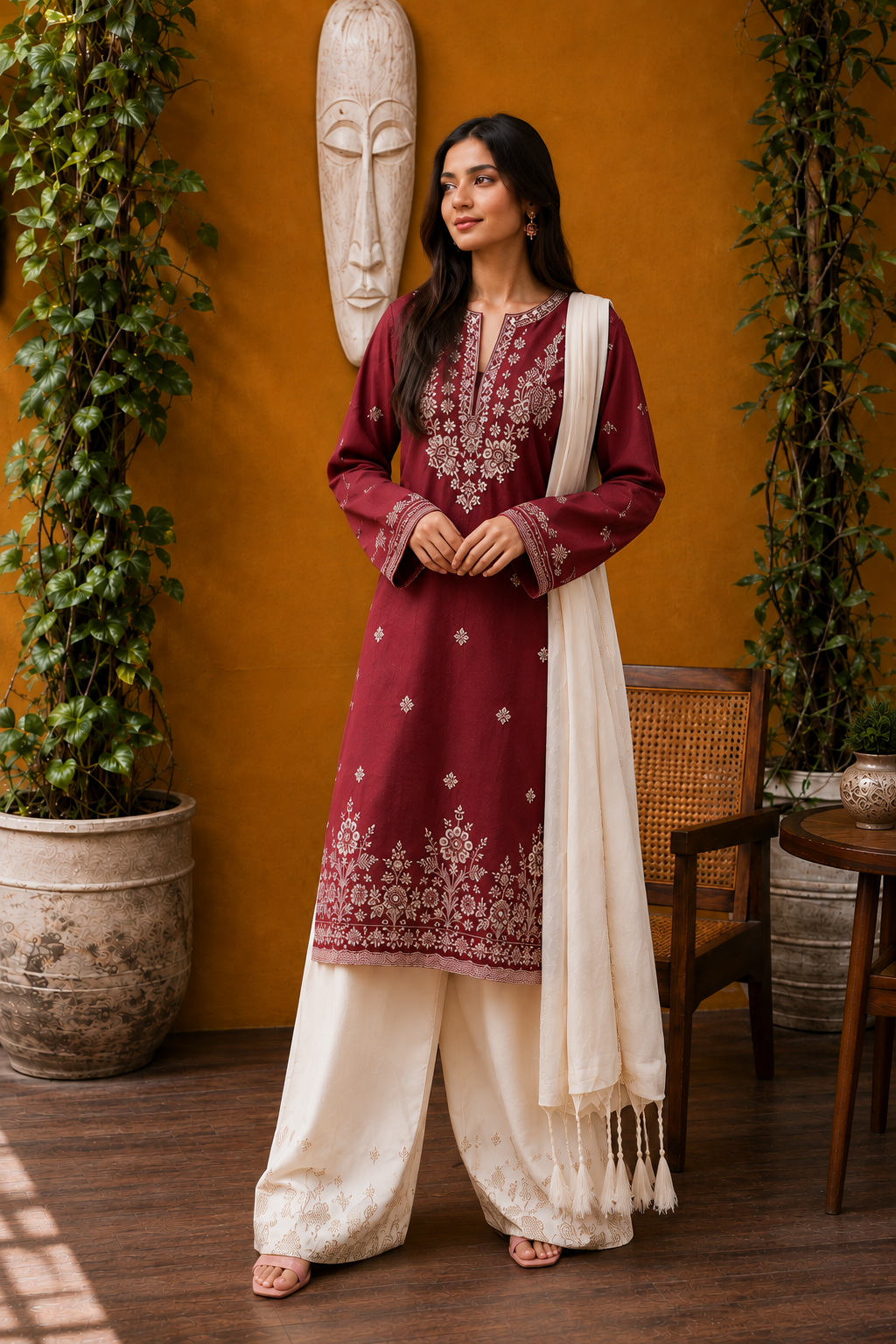 Maroon Floral Embroidered 3PC Lawn Suit