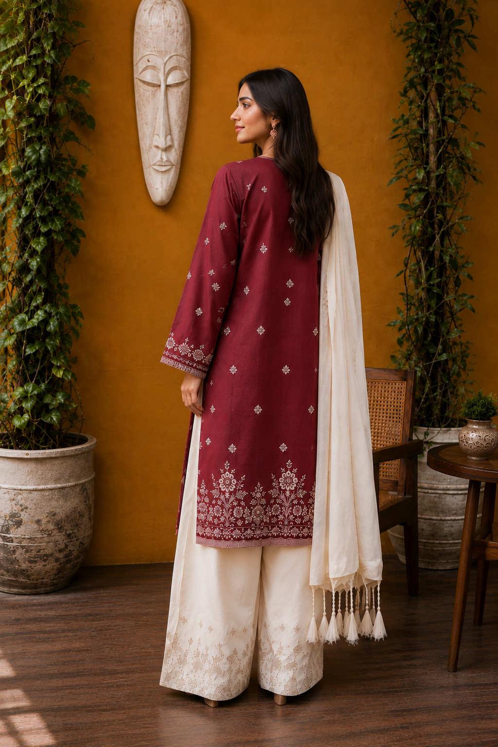 Maroon Floral Embroidered 3PC Lawn Suit