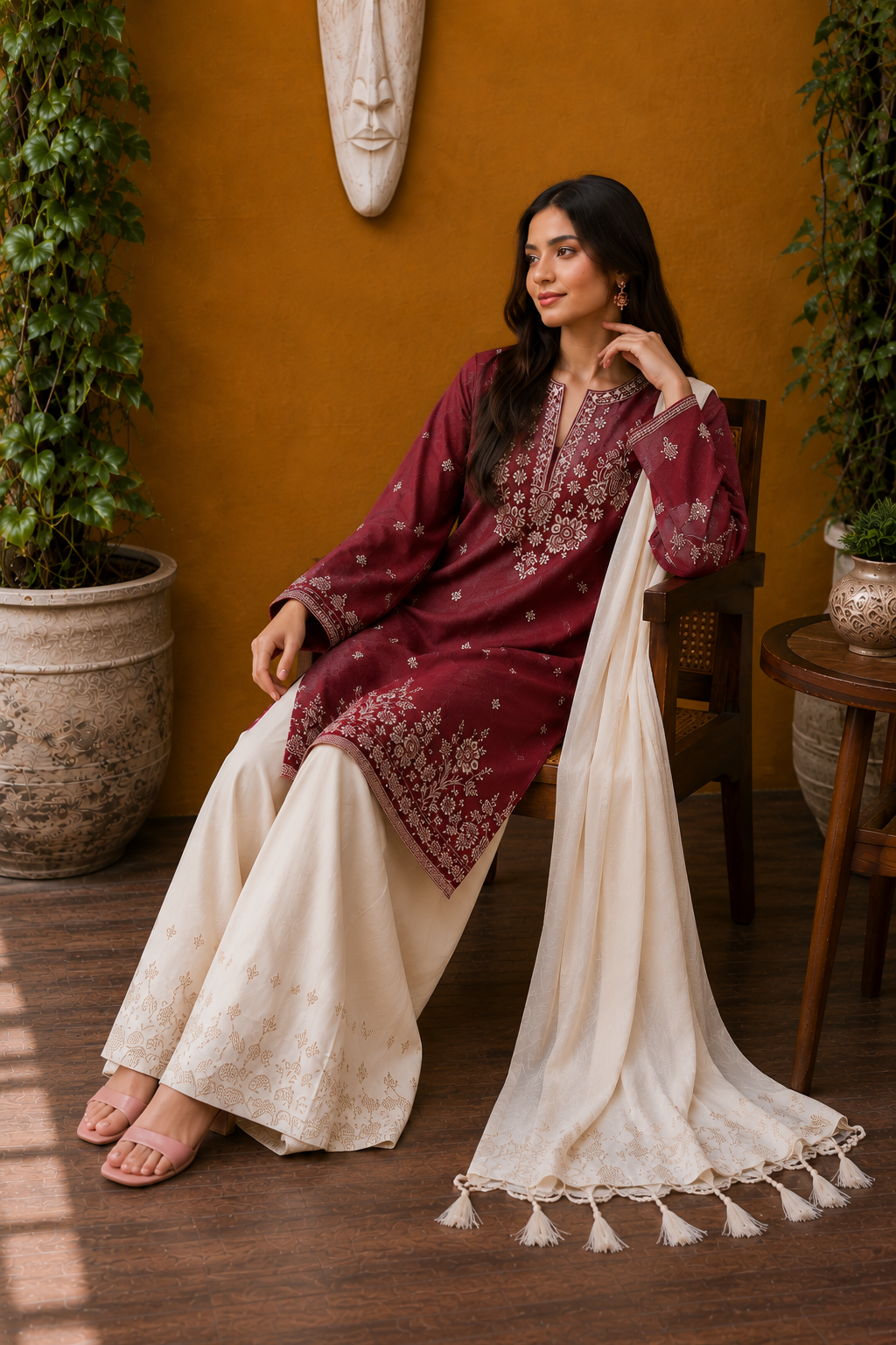 Maroon Floral Embroidered 3PC Lawn Suit