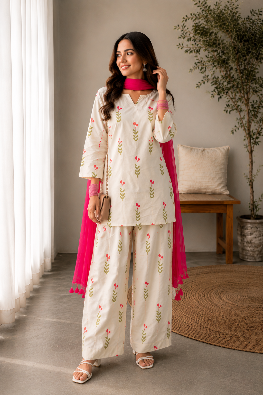 A woman models a cream-colored Indian ethnic suit set featuring a kurta and wide-leg pants with green and pink floral prints, paired with a bright pink dupatta, in a styled indoor room setting.