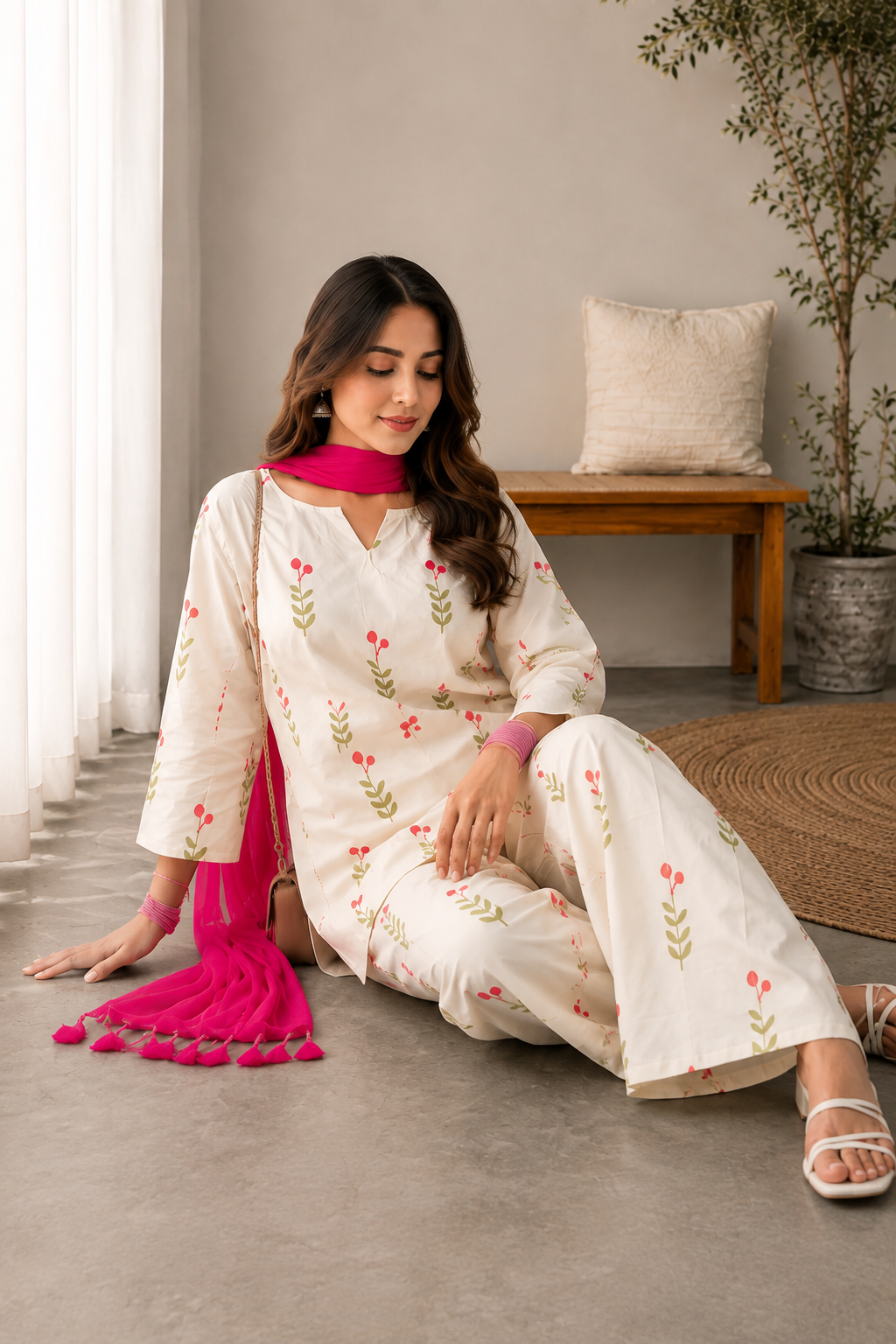 A woman sits on a concrete floor in a bright, modern room wearing a cream-colored three-piece salwar kameez suit with green and pink floral embroidery, a bright pink dupatta, and white sandals.