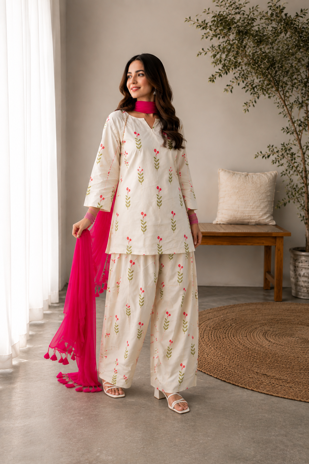 A woman models a cream-colored Indian ethnic suit set featuring delicate green and pink floral embroidery, paired with a vibrant hot pink dupatta, in a styled indoor room setting.