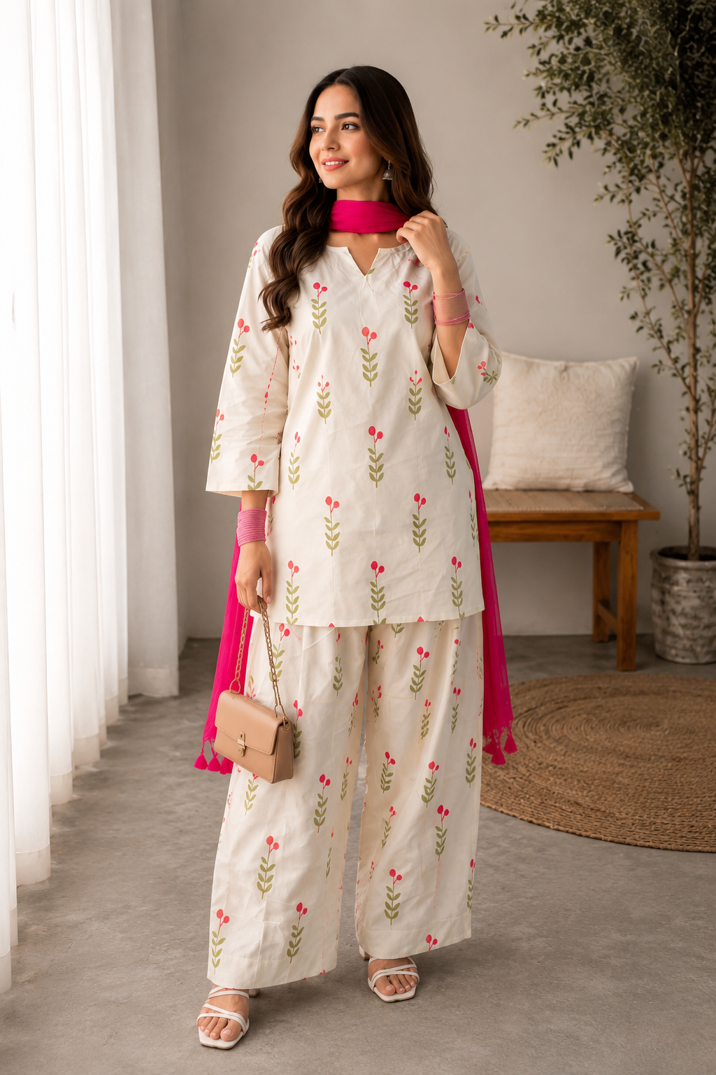 A woman models a traditional Indian outfit consisting of an off-white kurta and wide-leg pants with green and pink floral embroidery, paired with a bright pink dupatta and a pink neck scarf, in a bright indoor setting.