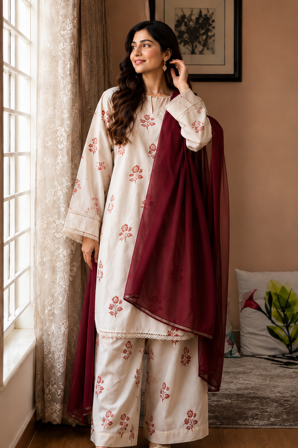 A woman models a traditional South Asian outfit featuring an off-white kurta and wide-leg trousers with pink floral embroidery, paired with a deep maroon dupatta, standing in a warmly lit room by a window.