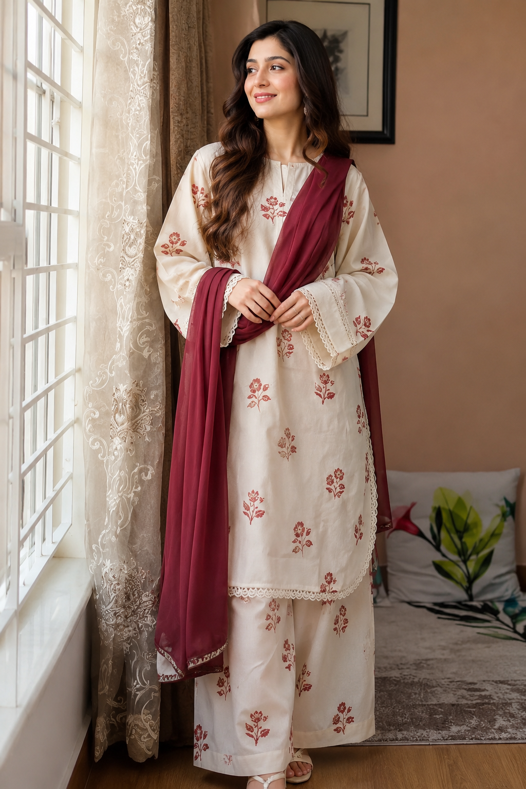 A woman stands indoors by a window wearing a cream-colored traditional outfit with red floral embroidery and a deep maroon dupatta. The setting includes a beige wall, framed wall art, sheer curtains, and a bed in the background.