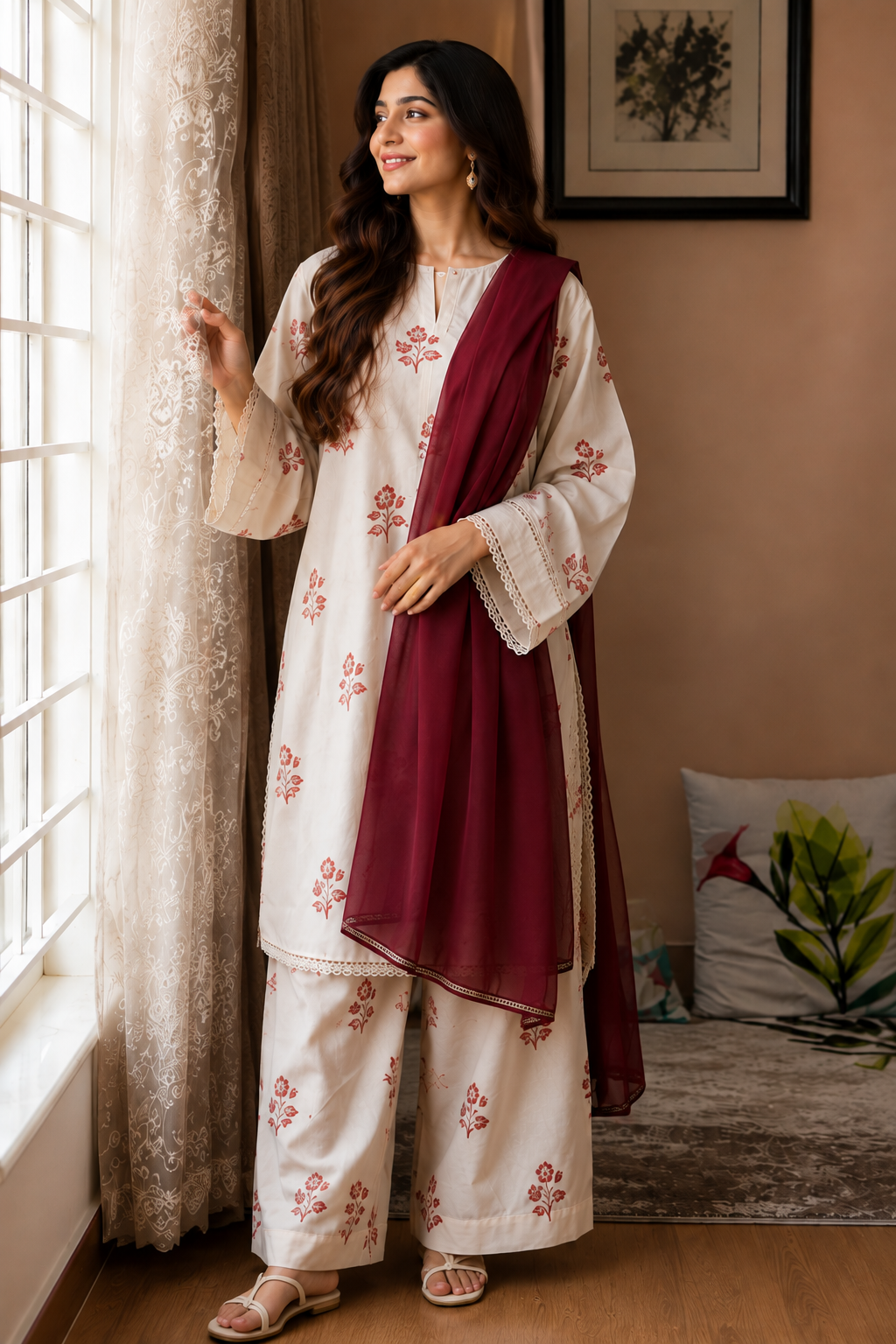 A woman models a traditional Indian outfit consisting of a cream kurta and wide-leg pants with pink floral prints, paired with a deep maroon dupatta, in a warmly lit room.