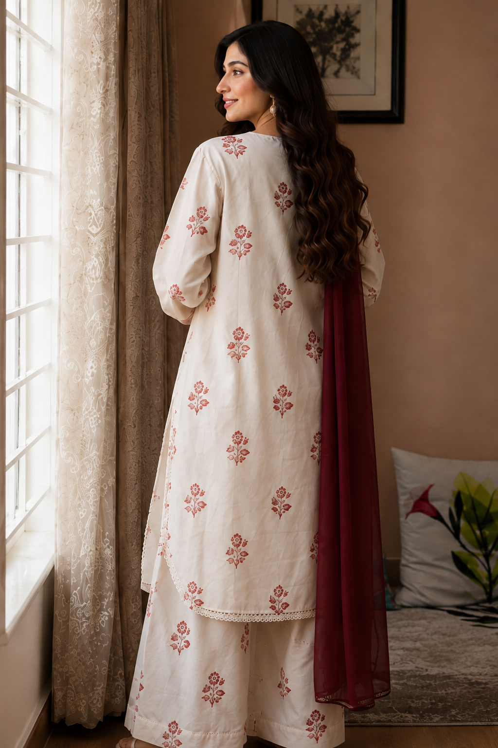 A woman stands by a window wearing a cream-colored traditional outfit with pink floral embroidery and a deep maroon dupatta. The photo is taken in a warm-toned room with beige curtains and a framed picture on the wall.