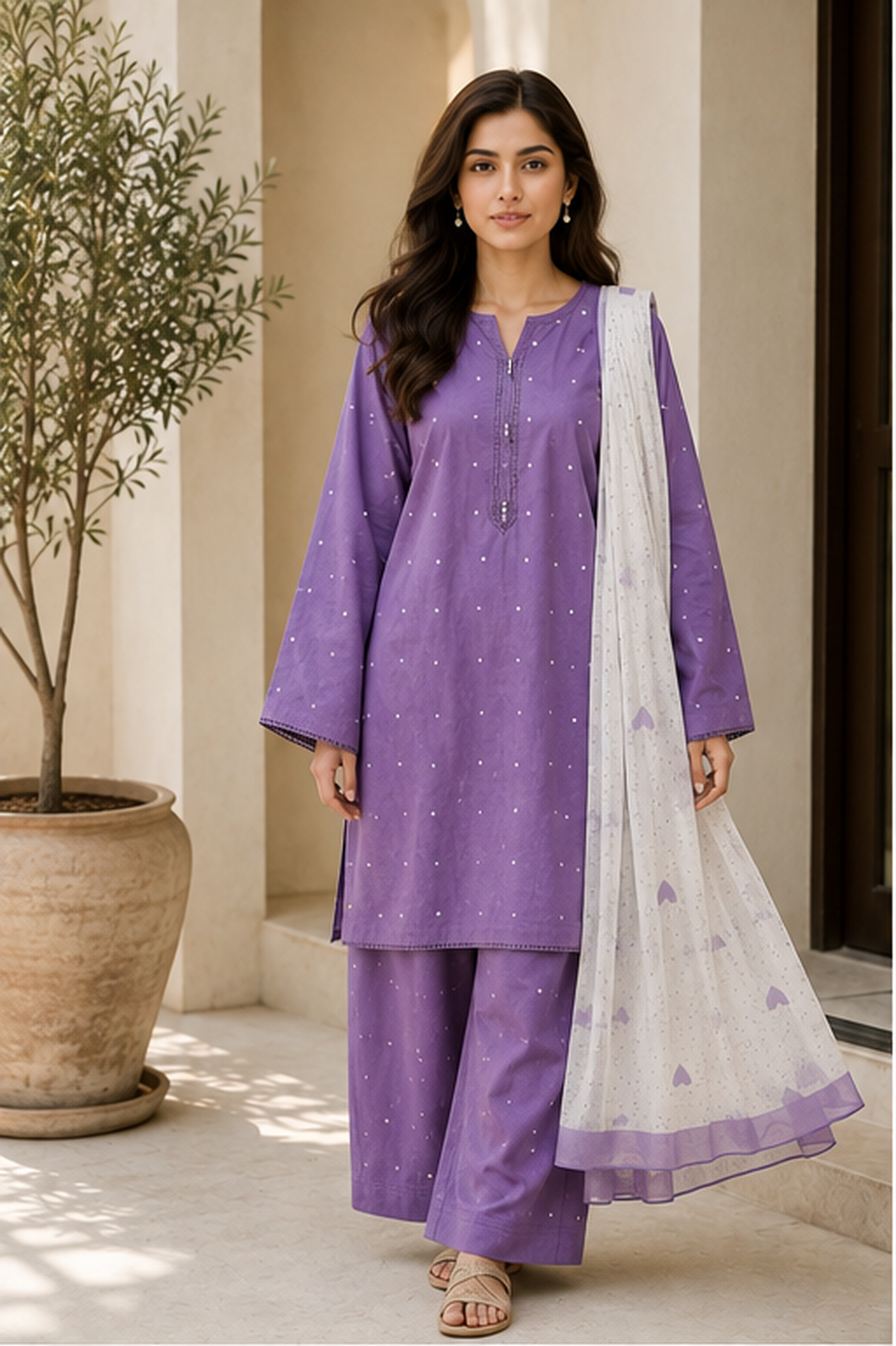 A woman modeling a lavender purple traditional Indian outfit with matching wide-leg trousers and a white dupatta featuring purple borders and small motifs, set against a warm beige architectural background with a potted plant.