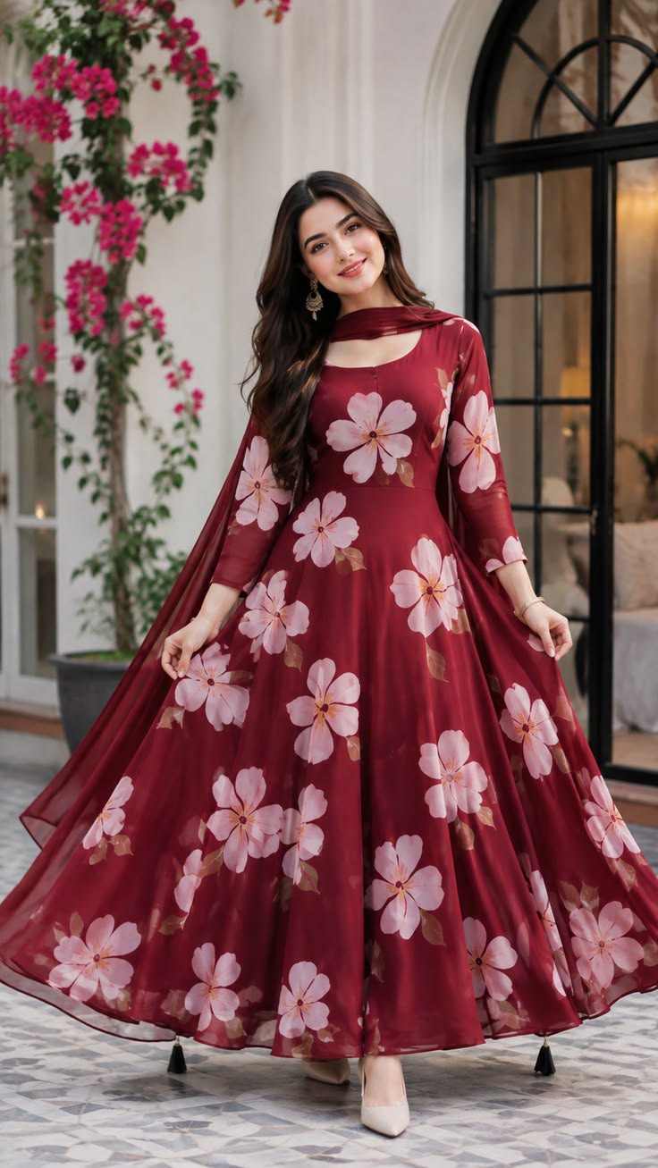 A woman models a long-sleeved maroon red anarkali gown with a pink floral print and a matching sheer cape overlay, set against an outdoor patio backdrop with a black arched window and pink flowers.