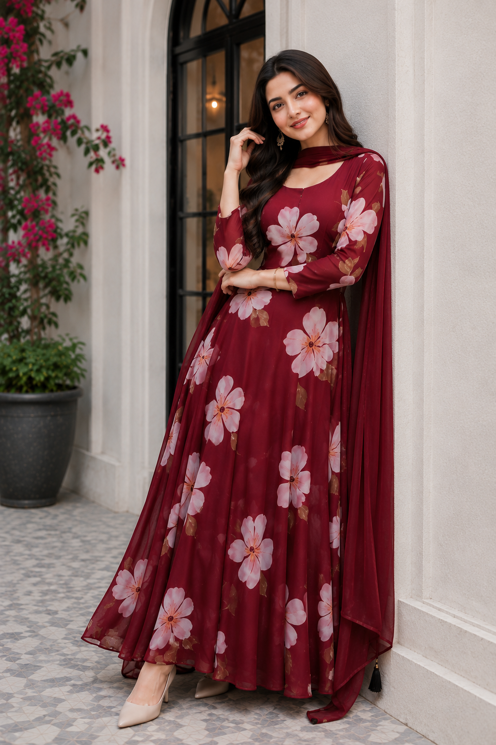 A woman models a long maroon anarkali-style dress with pink floral prints and a matching draped dupatta, standing in a courtyard setting.