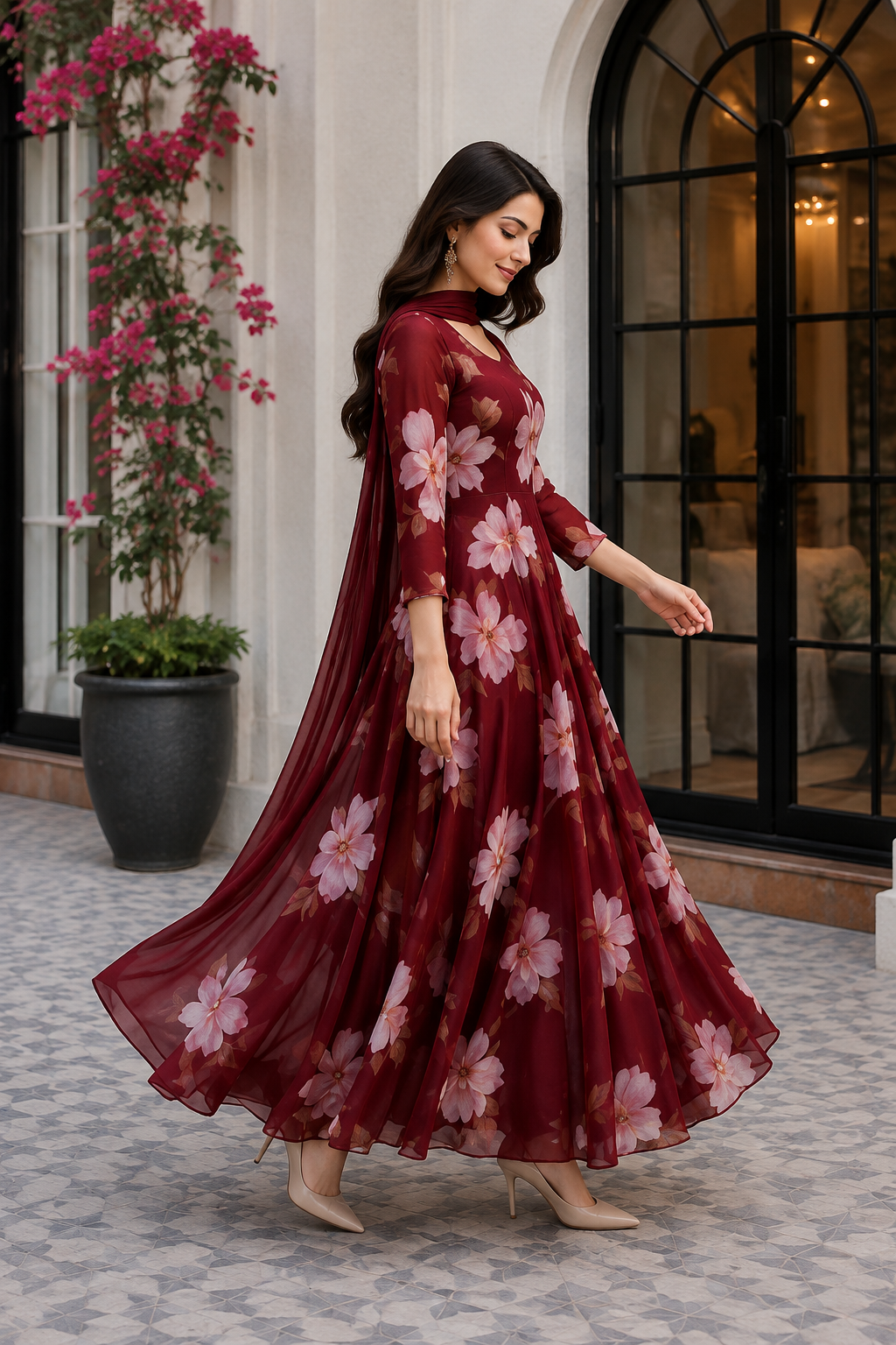 A woman wearing a flowing burgundy maxi dress with large pink floral prints, standing in an elegant outdoor patio setting with a potted plant and arched windows in the background.