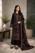 A woman models a traditional black three-piece salwar kameez suit with intricate red and gold floral embroidery, paired with a matching embroidered dupatta, in a styled indoor setting.