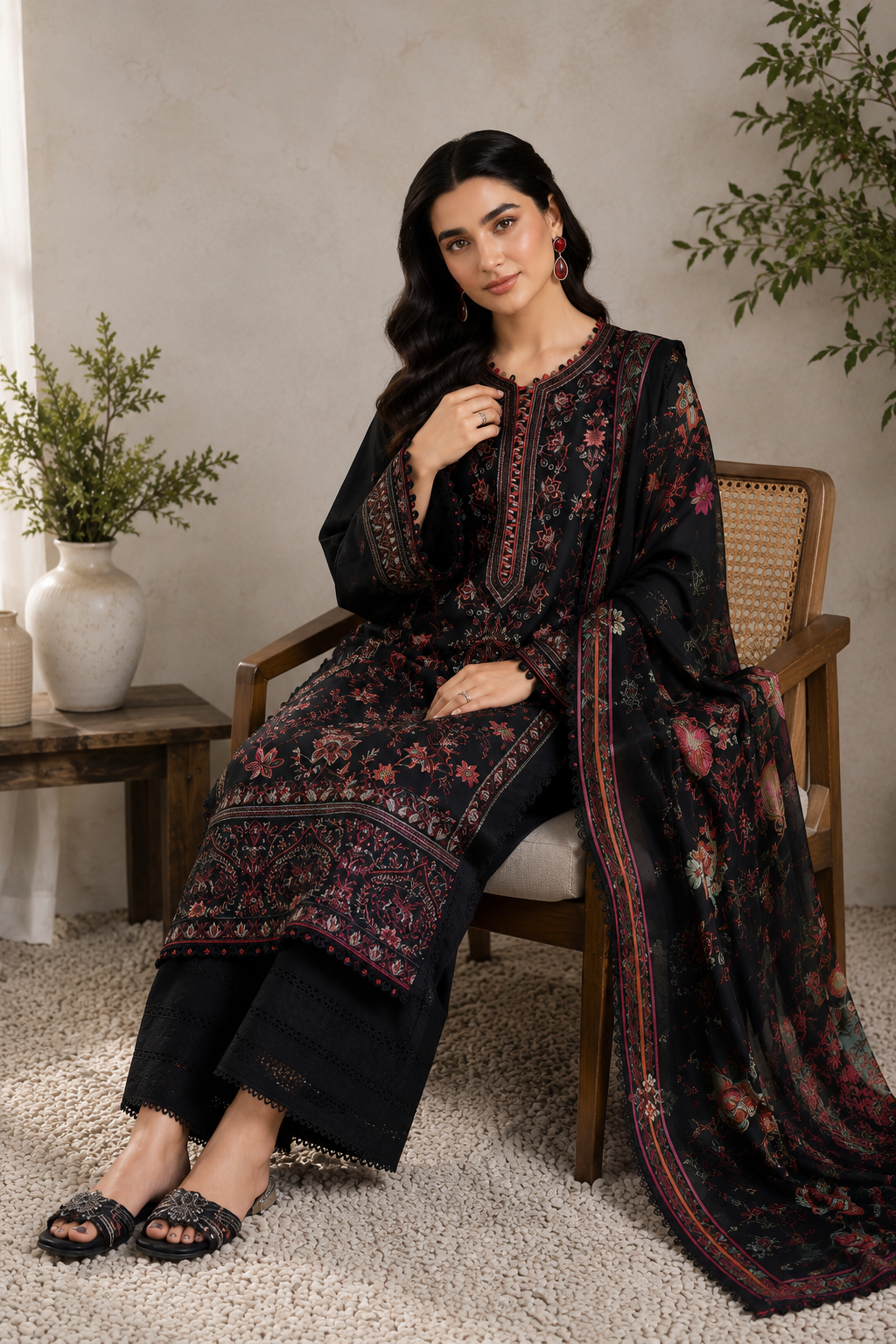 A woman seated in a wooden chair wearing a black traditional embroidered outfit with floral and geometric patterns in red, pink, and gold, paired with a matching sheer dupatta. The setting is a styled indoor room with a textured wall, a side table with a vase, and a carpet.