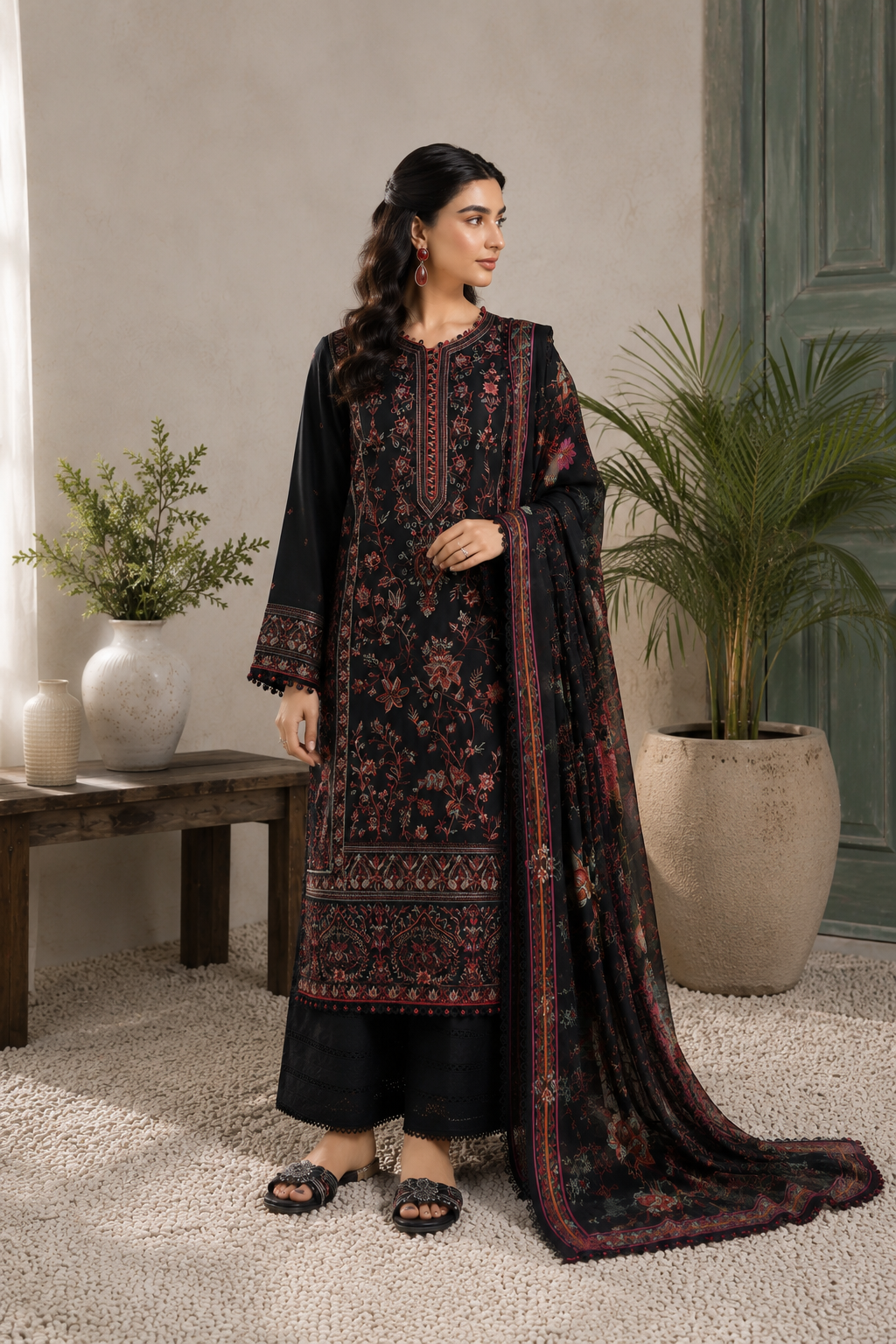 A woman modeling a black three-piece traditional outfit with intricate red and gold floral embroidery, paired with a matching dupatta, in a styled indoor setting with potted plants.