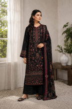 A woman models a black three-piece traditional outfit with intricate red and gold floral embroidery, standing in a bright, modern room with white curtains and a wooden side table.