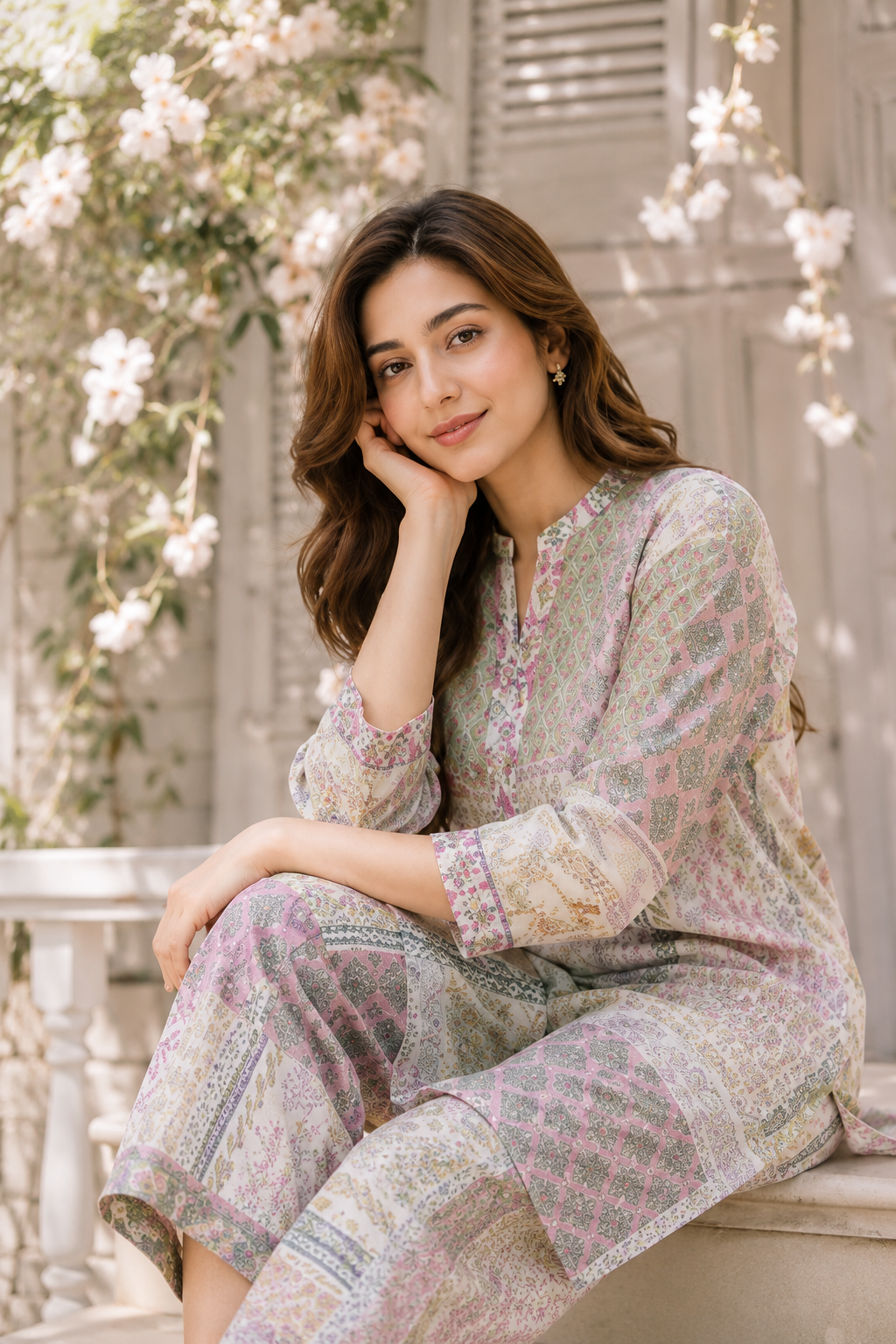 A woman sits on a stone bench wearing a matching printed kurta and trouser set in soft pastel tones, with white flowers and a light wooden wall in the background.