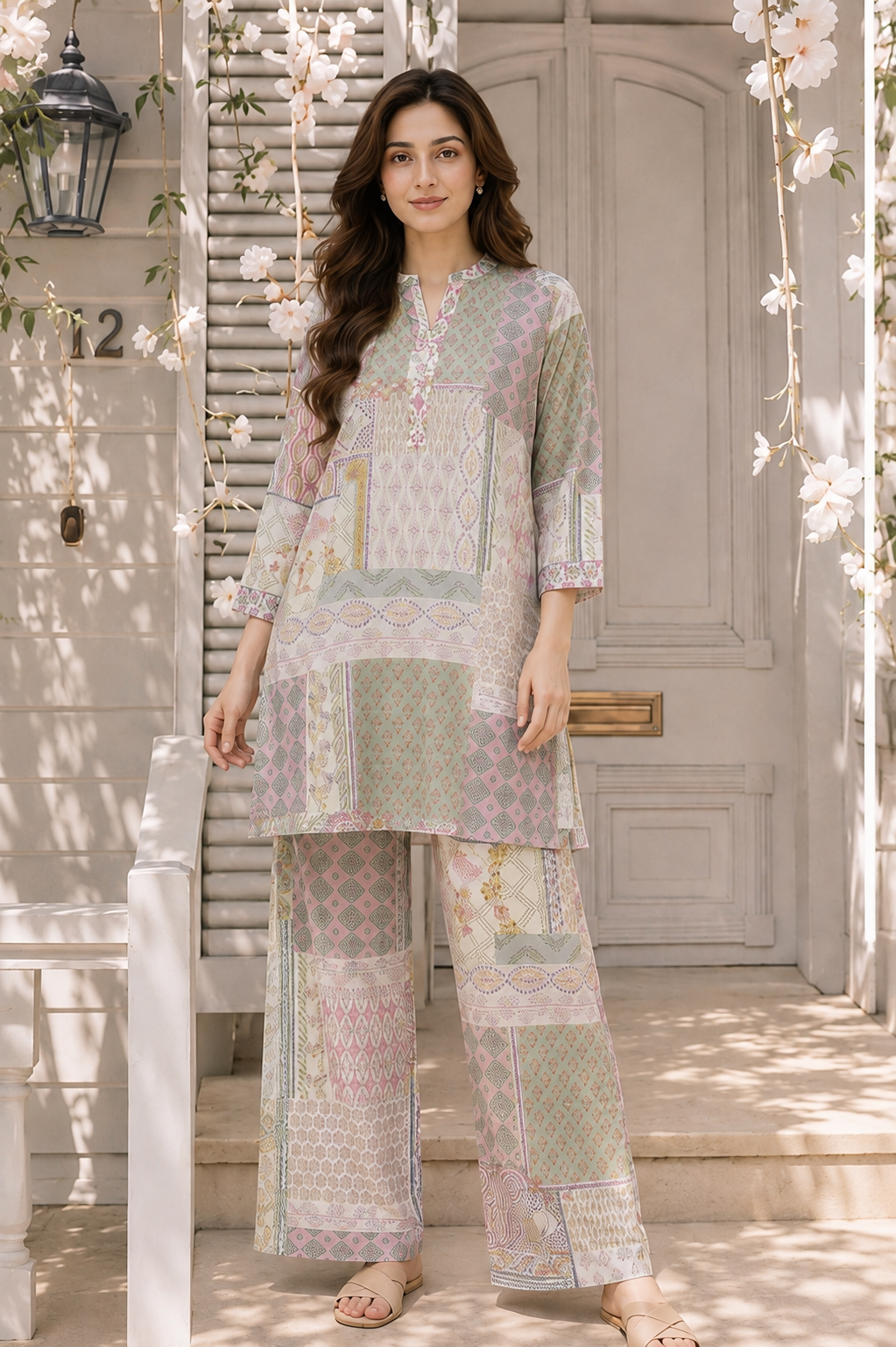 A woman stands on a porch wearing a pastel patchwork-print kurta and wide-leg pants set. The outfit features a mix of soft pink, sage green, beige, and light blue geometric and floral patterns.