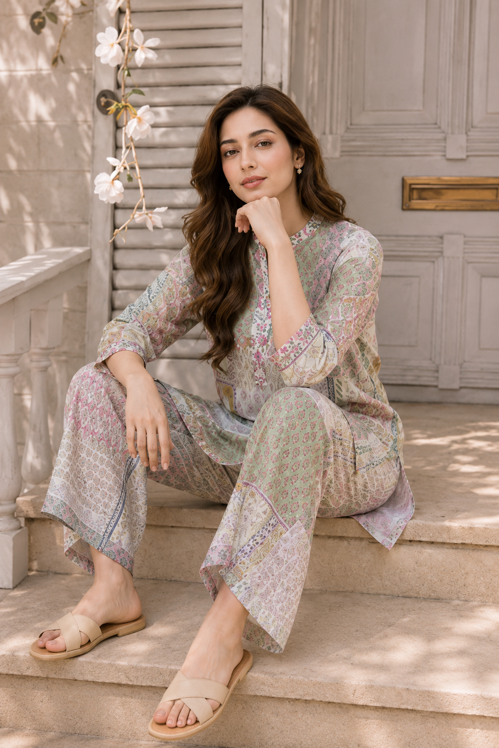 A woman sits on stone steps wearing a loose, long-sleeve printed tunic and matching wide-leg pants in a soft pastel floral pattern, with beige slide sandals. The setting is a sunlit porch with a paneled door and shuttered window in the background.