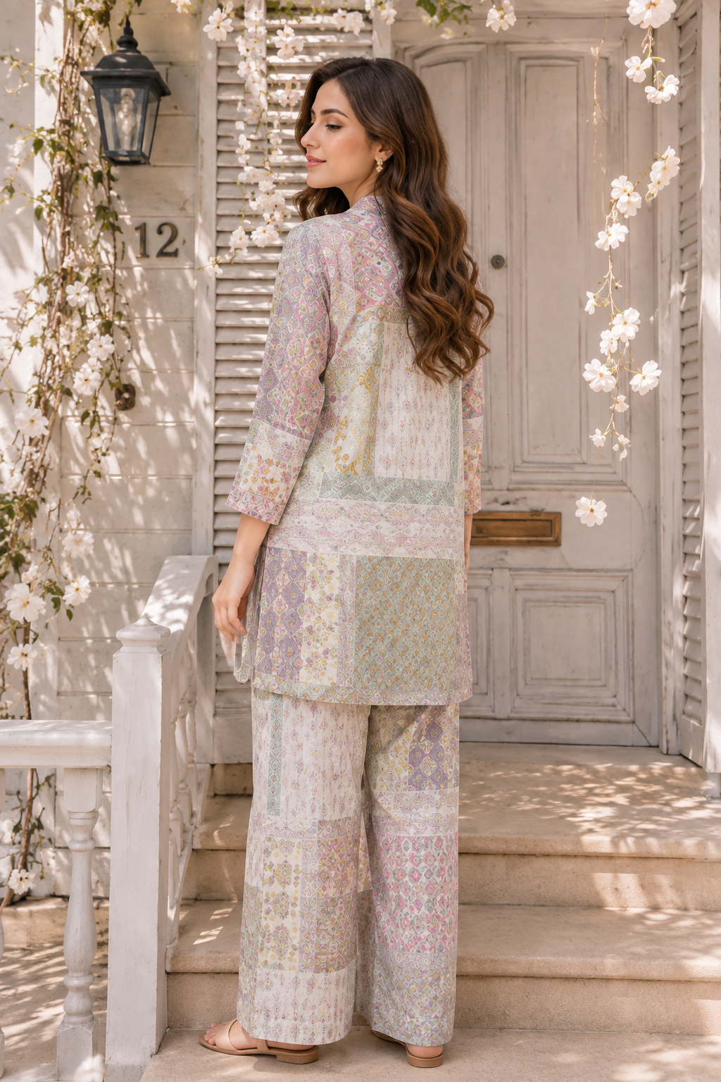 A woman stands on outdoor porch steps wearing a matching patchwork-print two-piece outfit with a long-sleeve top and wide-leg pants. The set features a soft pastel mix of lavender, sage green, beige, and cream in a patchwork pattern.