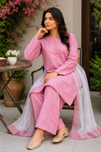 A woman wearing a pink embroidered kurta and matching palazzo pants with a white inner lining, standing outdoors in front of green bushes and a wooden fence.
